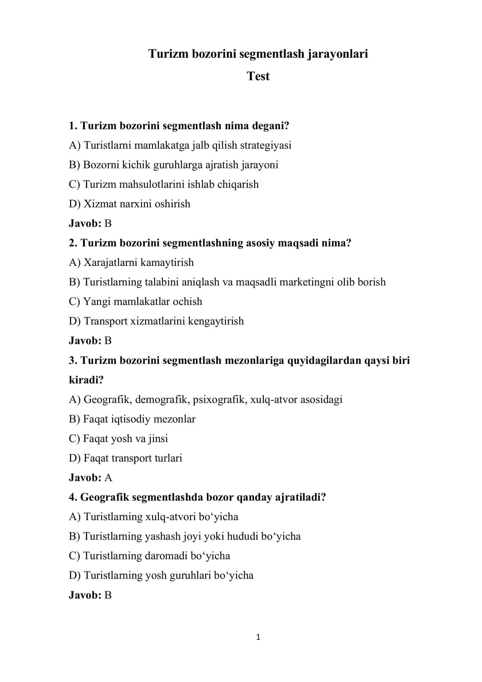 Turizm bozorini segmentlash jarayonlari