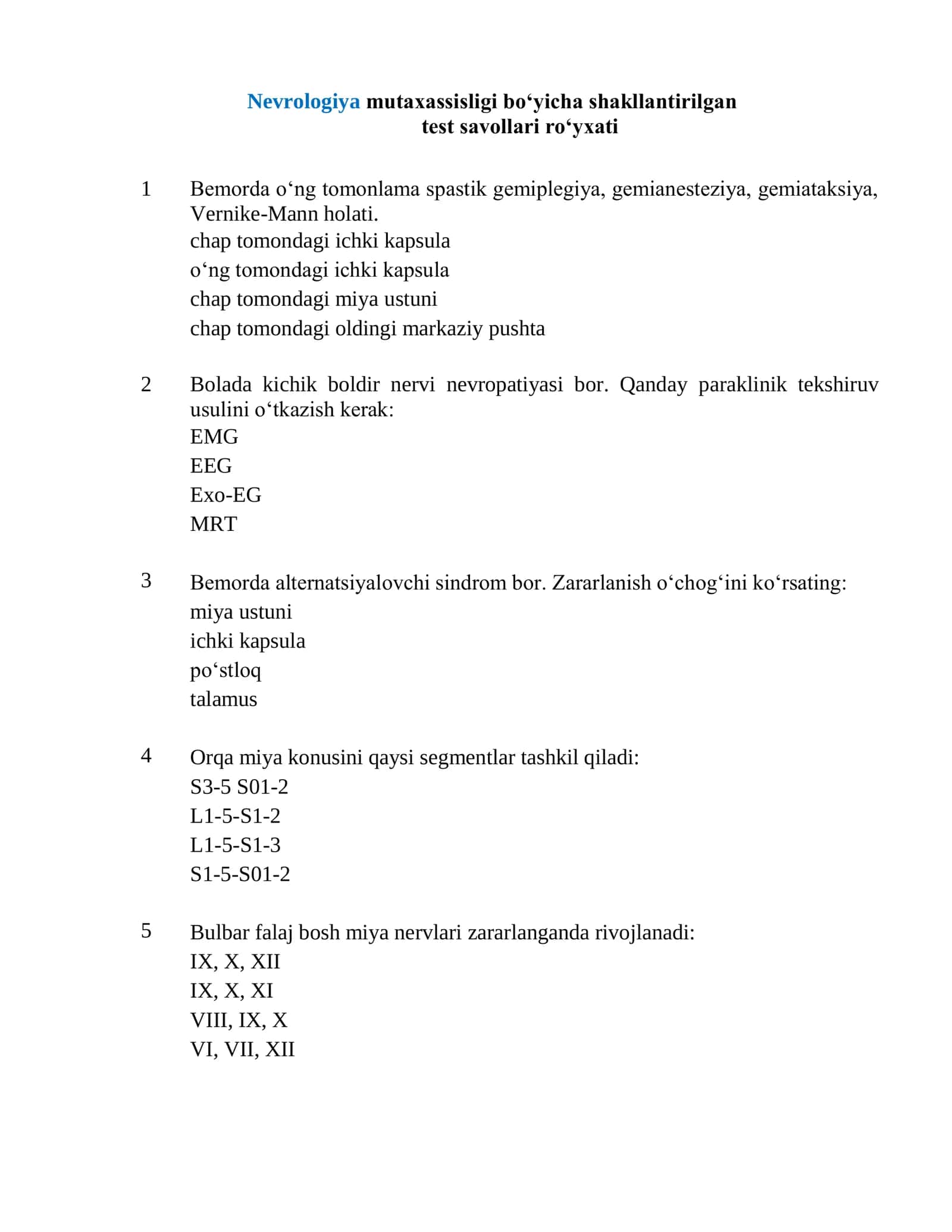 Nevrologiya mutaxassisligi test 2026