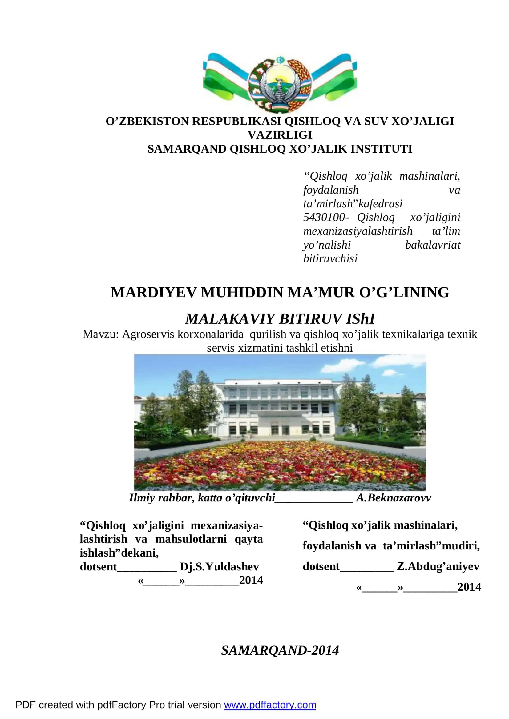 Agroservis korxonalarida qurilish va qishloq xo’jalik texnikalariga texnik servis xizmatini tashkil etish