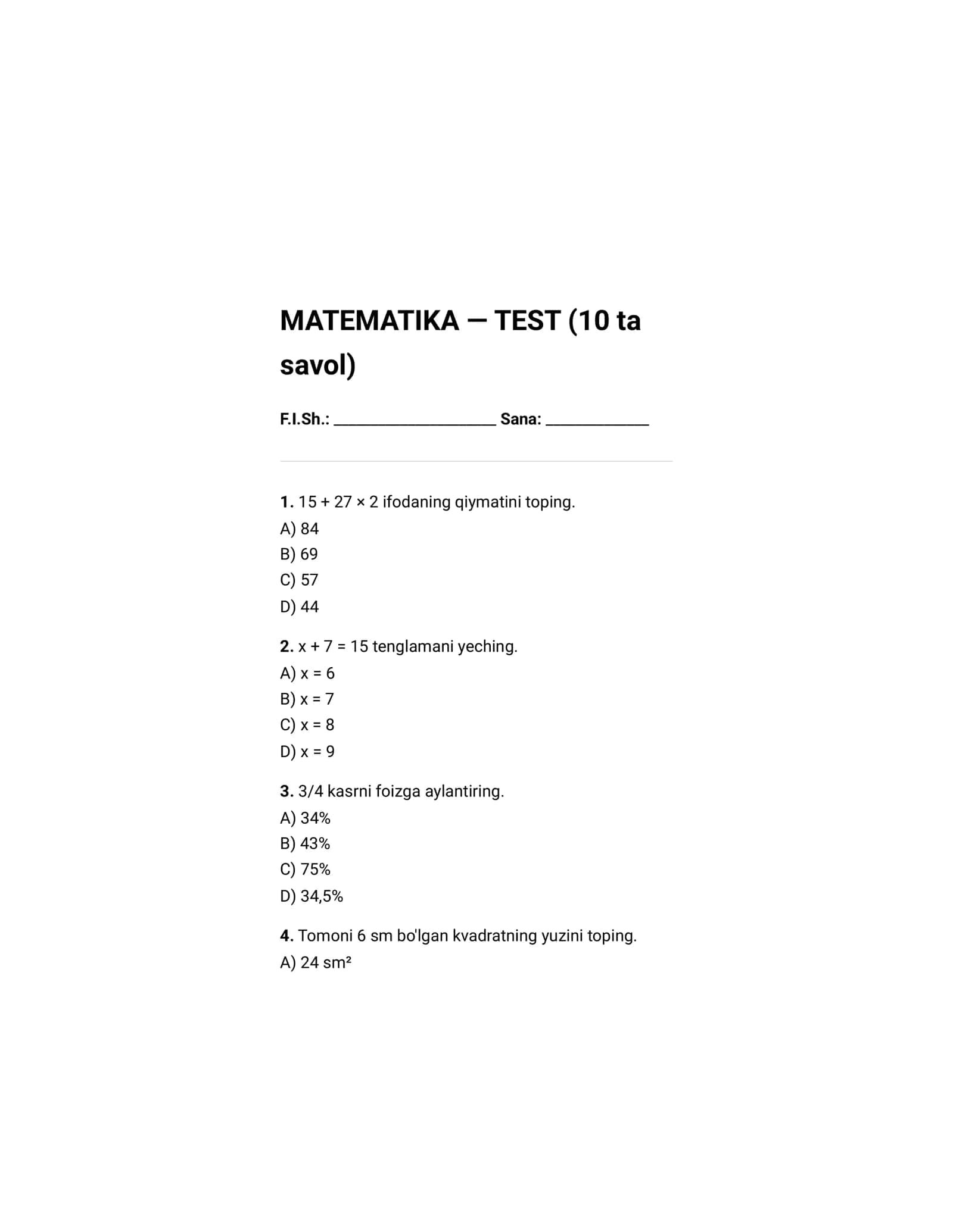 MATEMATIKA — TEST (10 ta savol)