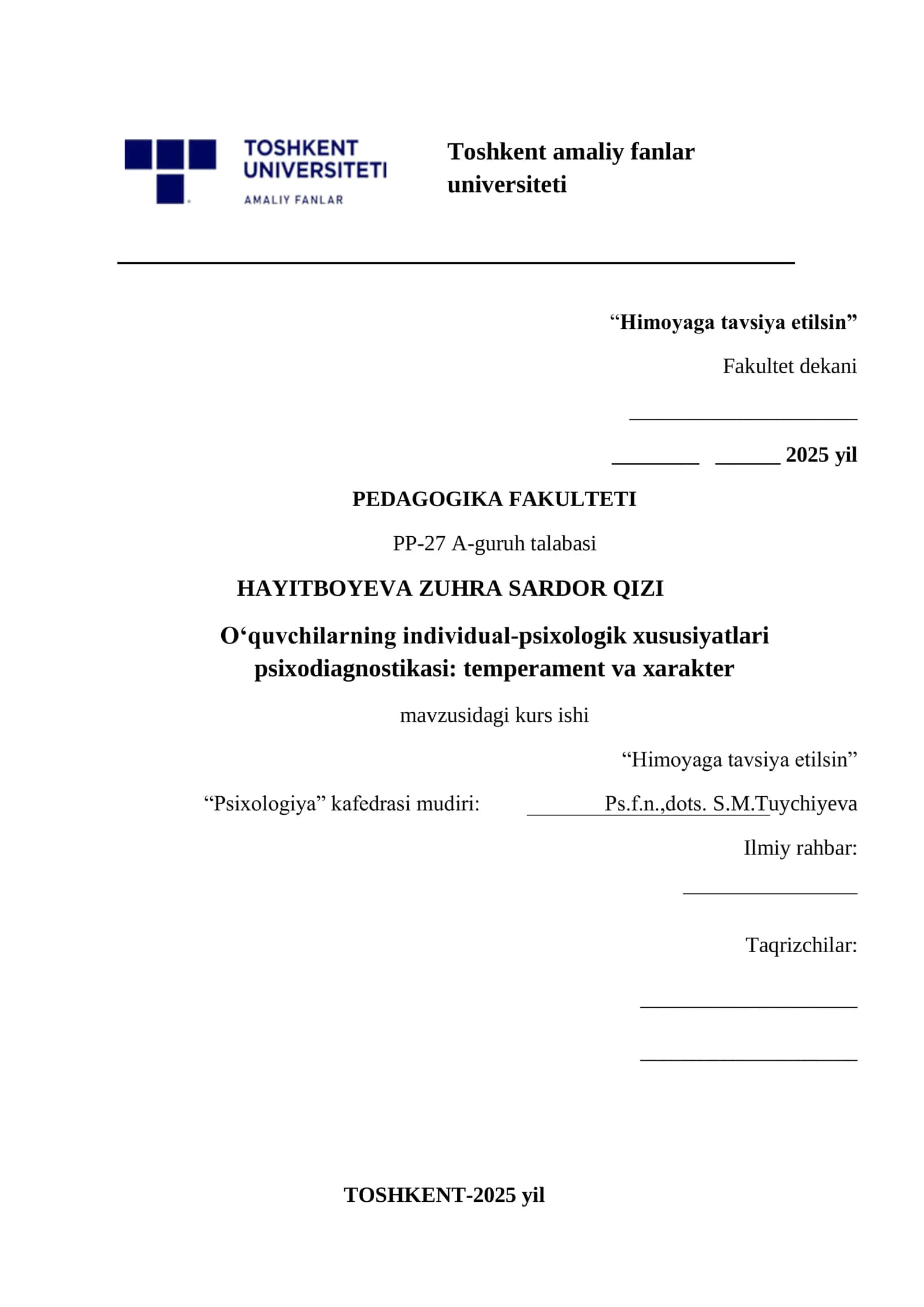 O‘quvchilarning individual-psixologik xususiyatlari psixodiagnostikasi: temperament va xarakter