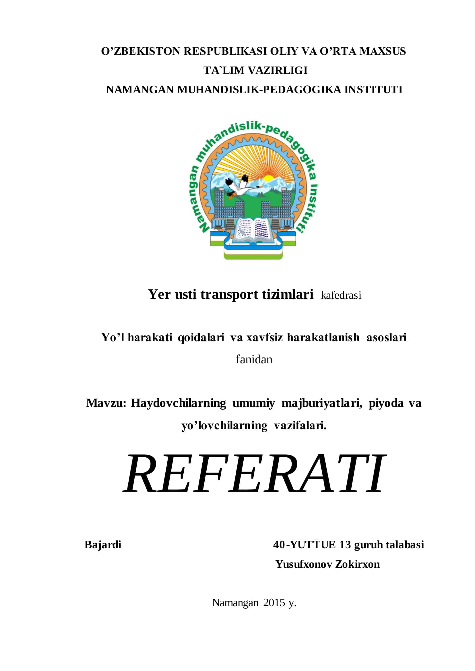 Yer usti transport tizimlari kafedrasi