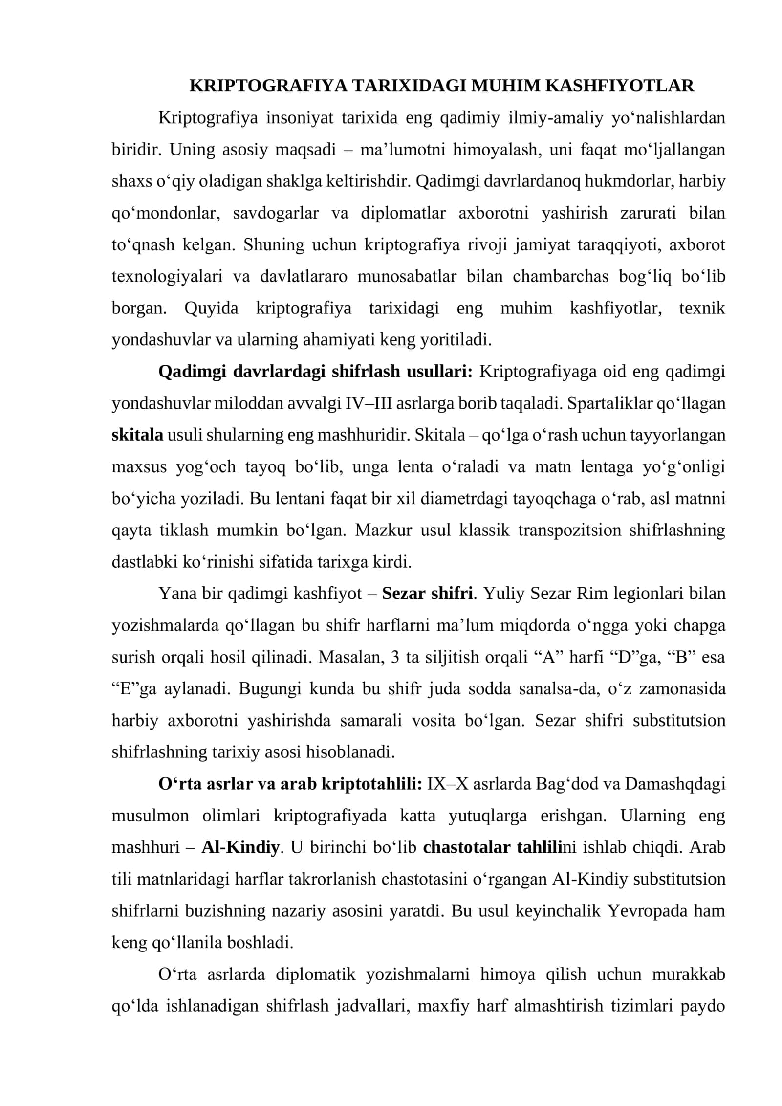 KRIPTOGRAFIYA TARIXIDAGI MUHIM KASHFIYOTLAR
