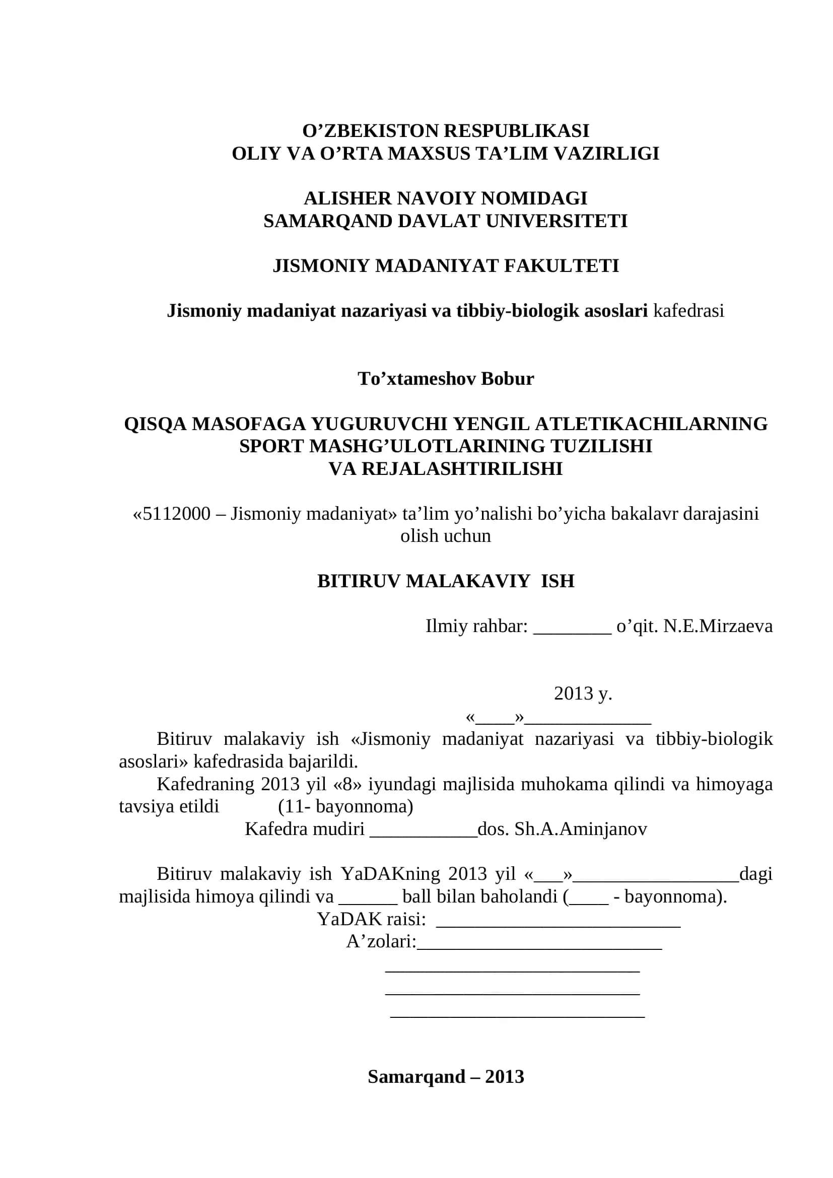 QISQA MASOFAGA YUGURUVCHI YENGIL ATLETIKACHILARNING SPORT MASHG’ULOTLARINING TUZILISHI