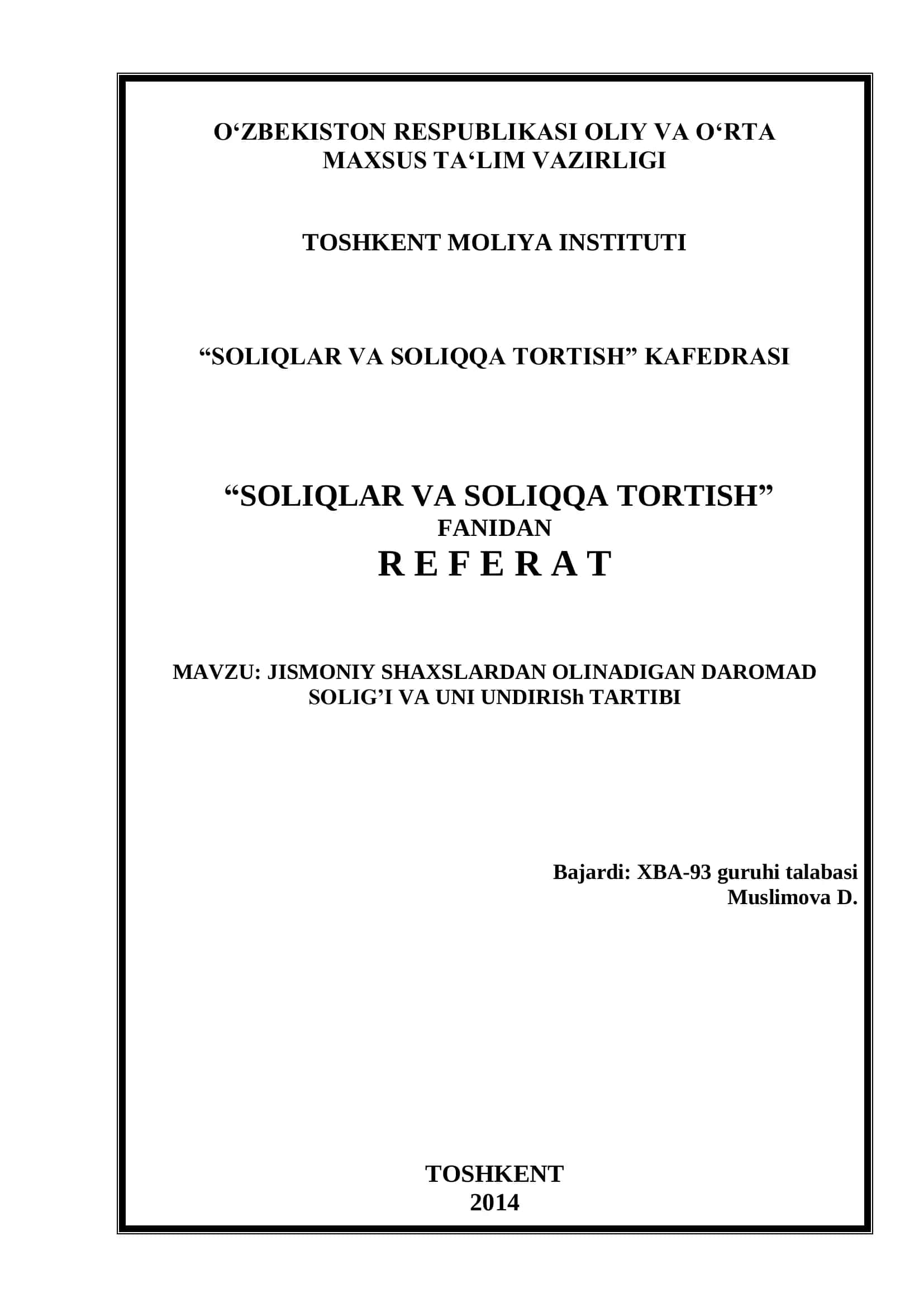 Jismoniy shaxslardan olinadigan daromad solig’i