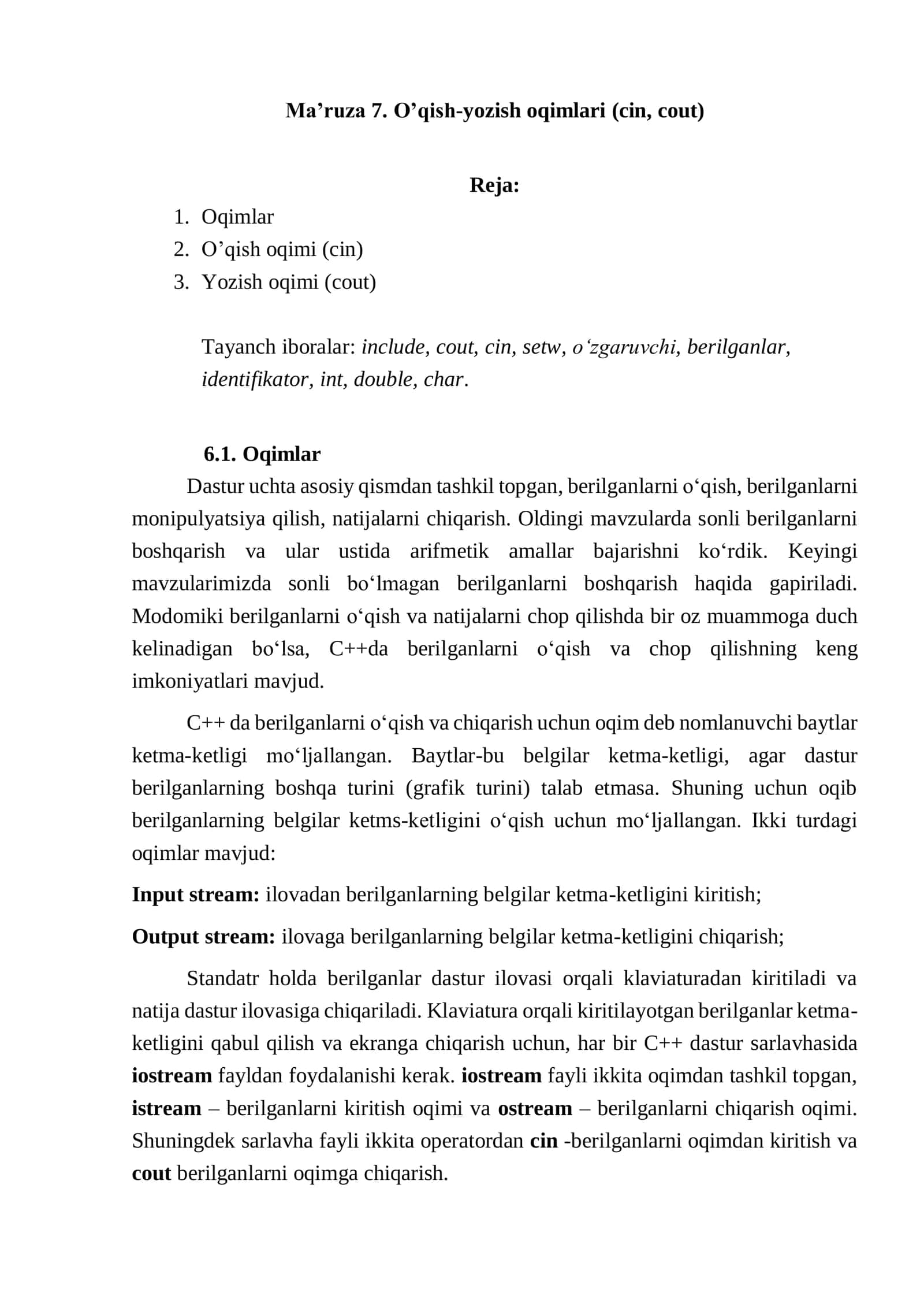 O'qish-yozish oqimlari (cin, cout)