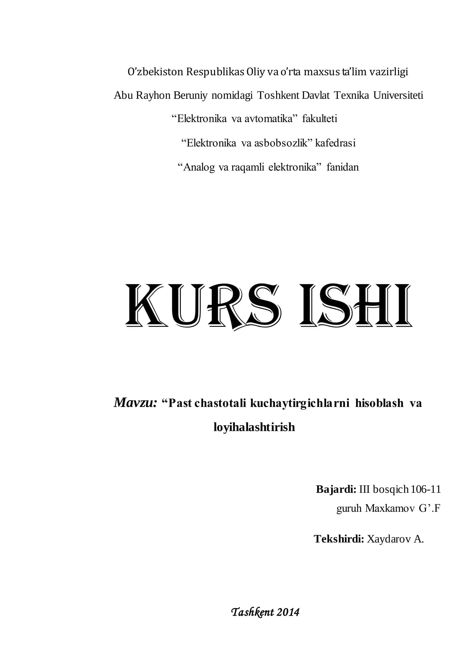 Past chastotali kuchaytirgichlarni hisoblash va loyihalashtirish