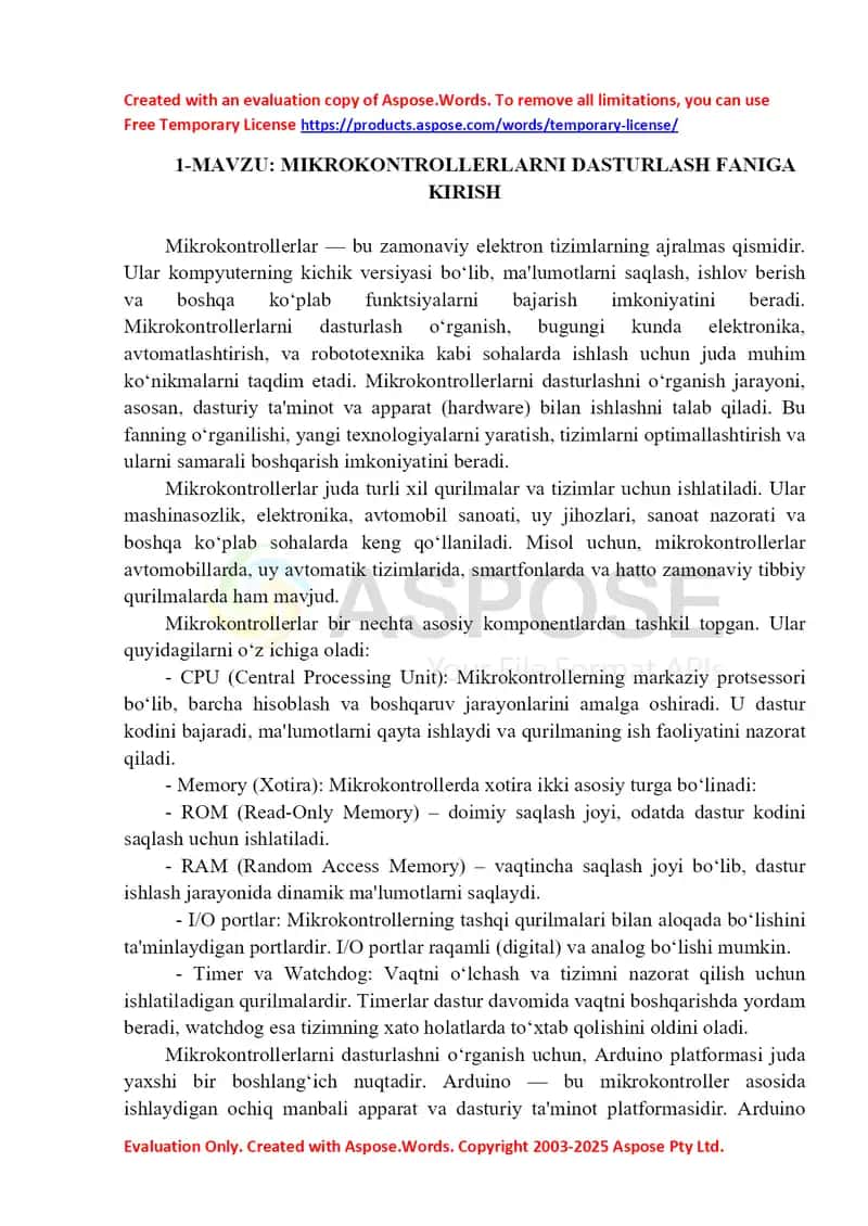 Mikrokontrollerlarni dasturlash faniga kirish