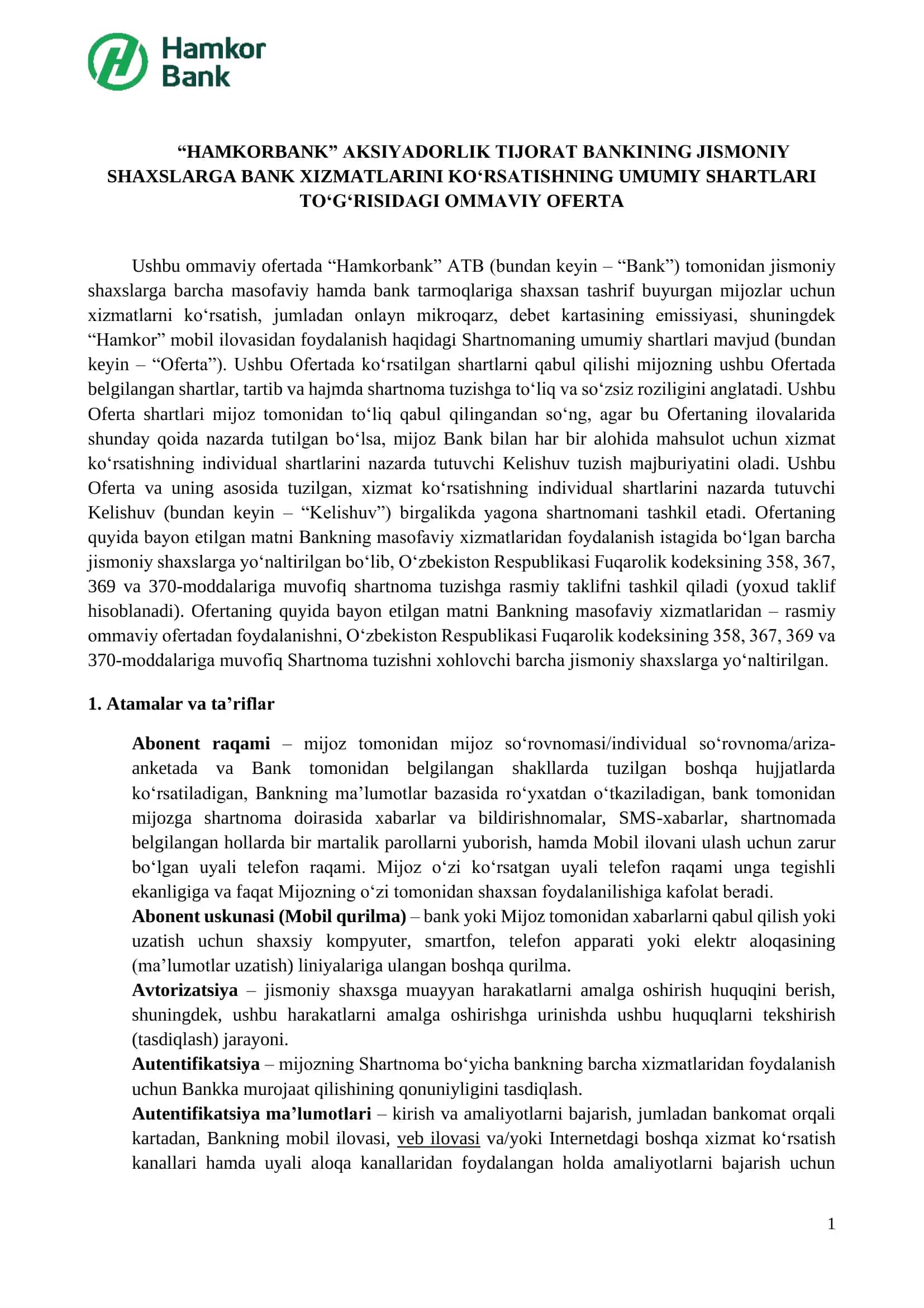 Bank Xizmatlari Ofertasi