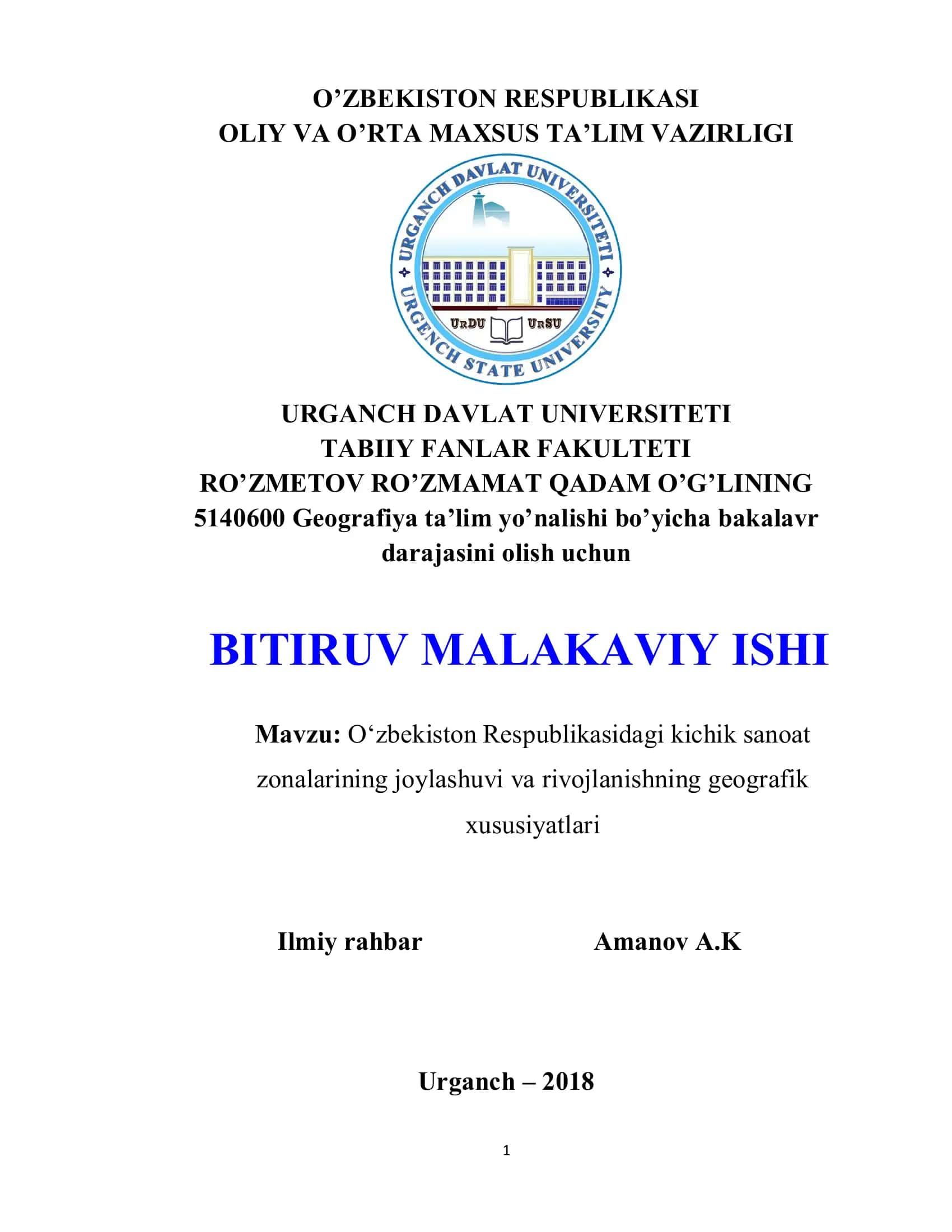 O‘zbekiston Respublikasidagi kichik sanoat zonalarining joylashuvi va rivojlanishning geografik xususiyatlari