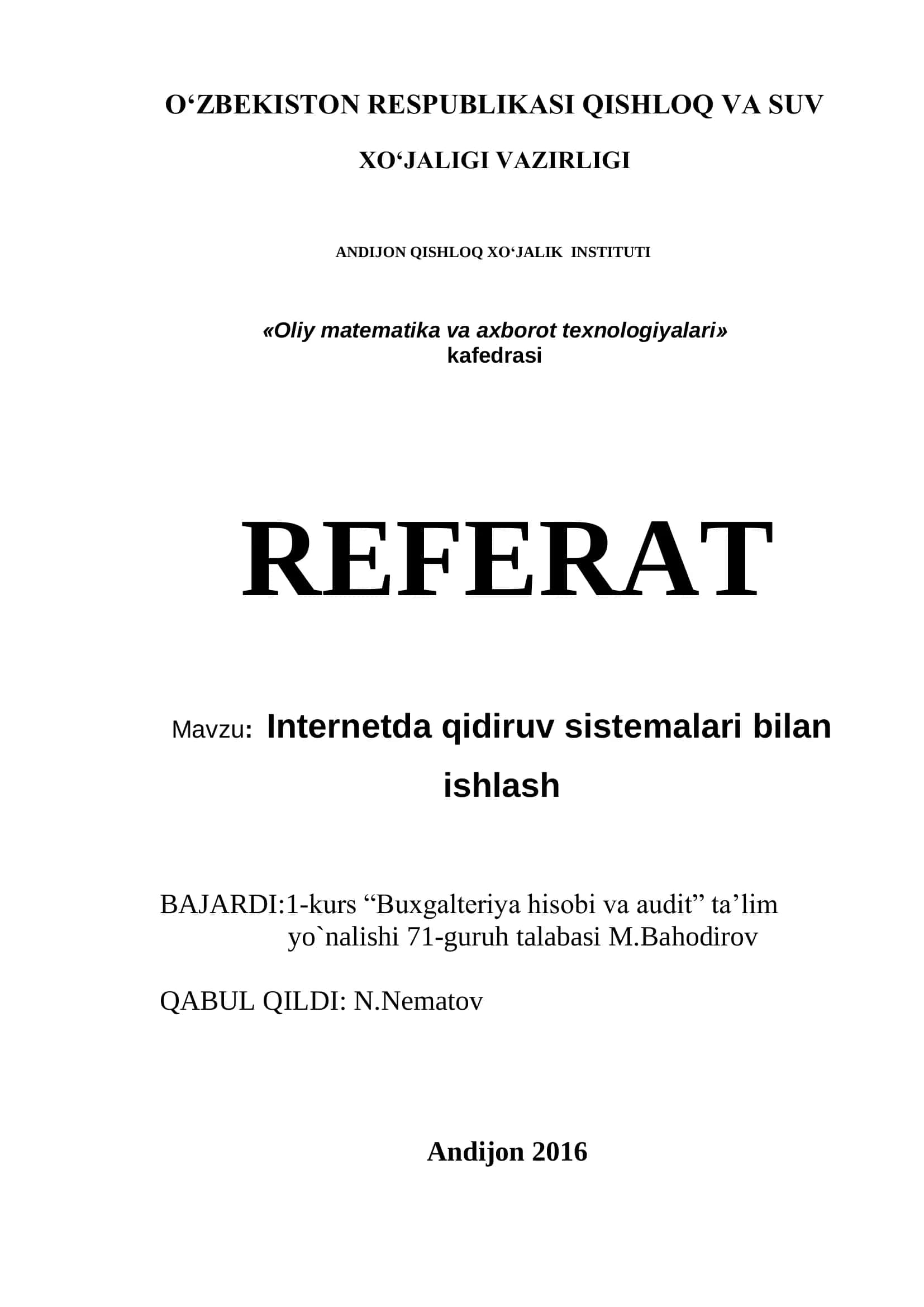 Internetda qidiruv sistemalari bilan ishlash