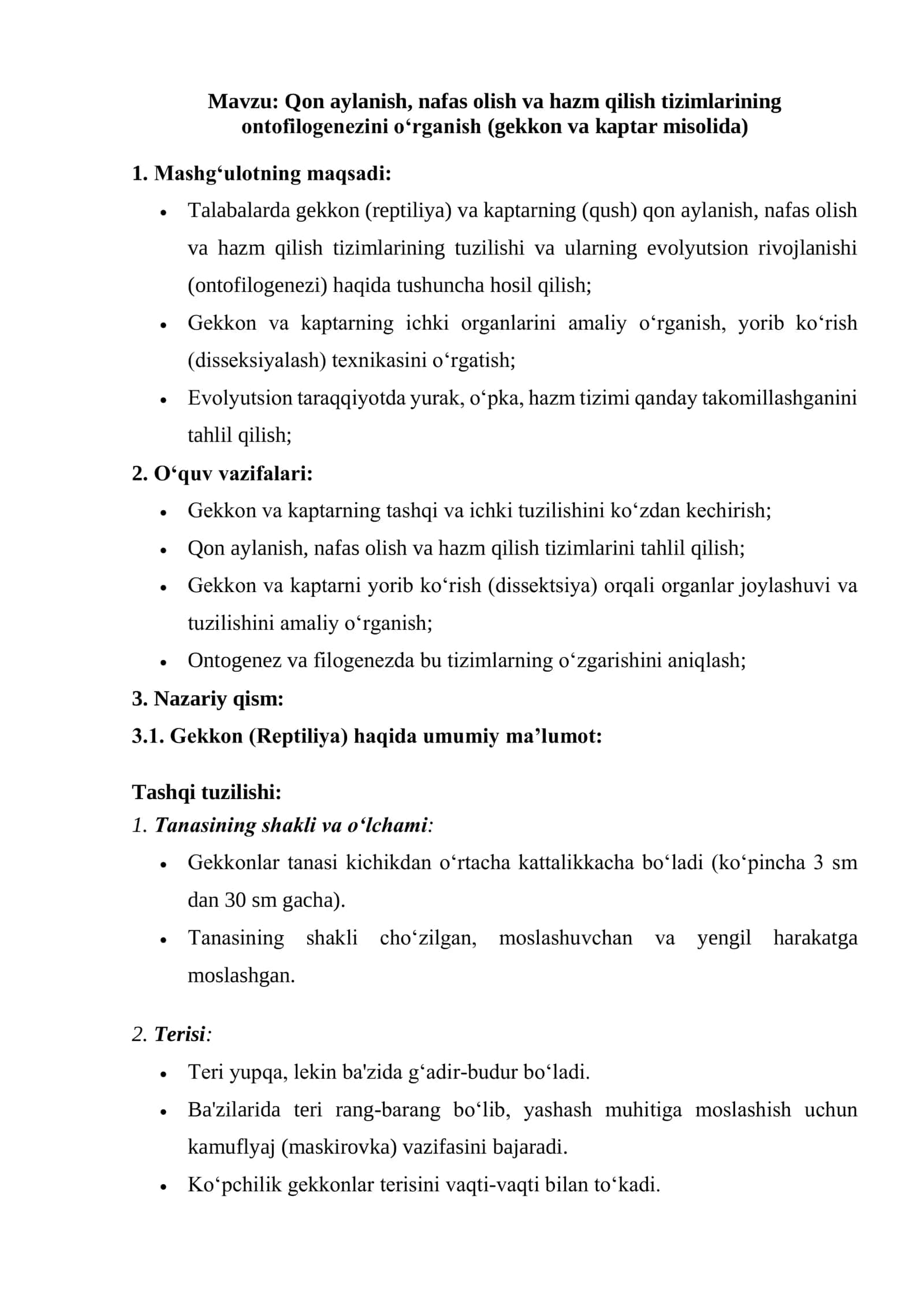 Qon aylanish, nafas olish va hazm qilish tizimlarining ontofilogenezini o‘rganish (gekkon va kaptar misolida)