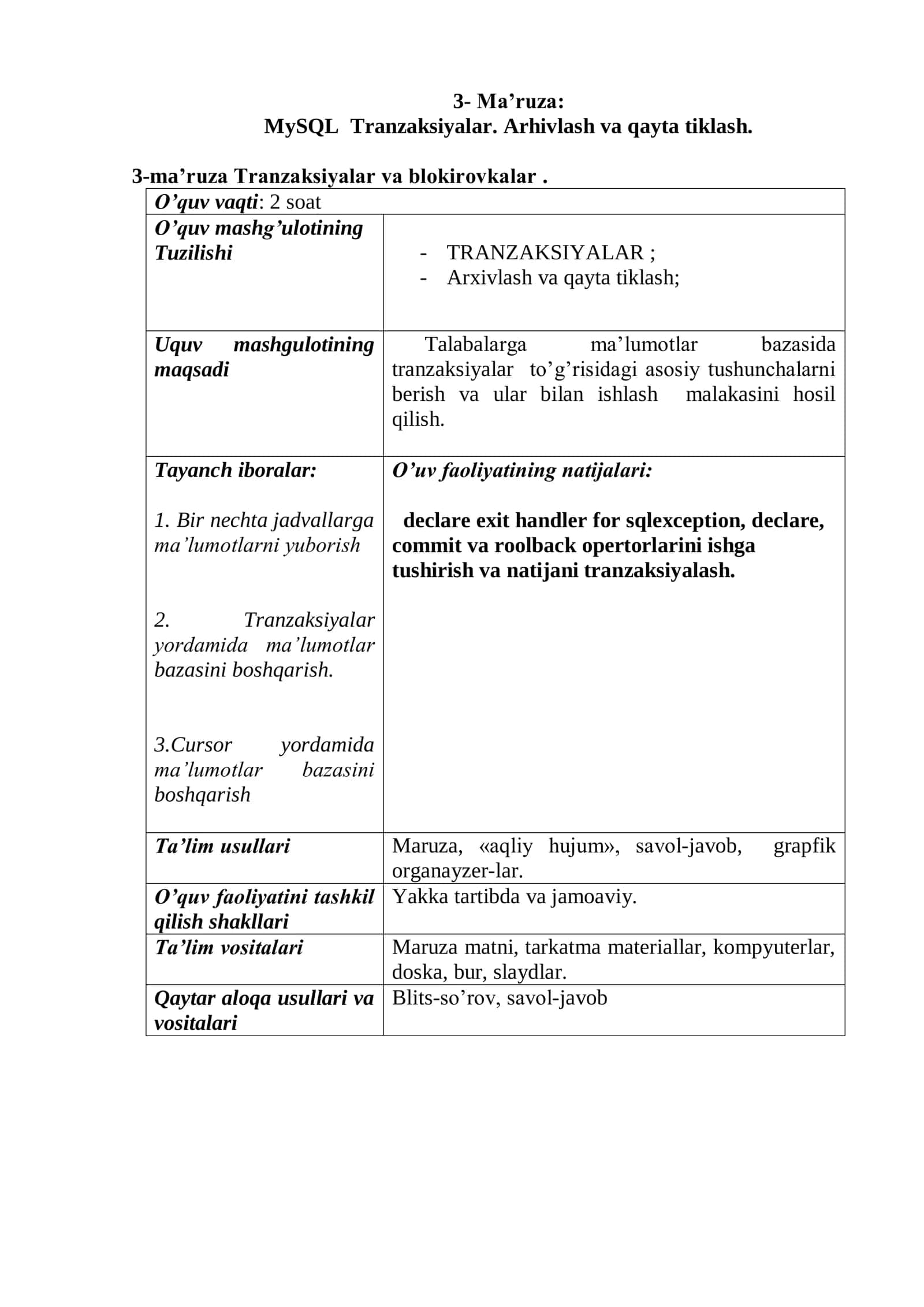 MySQL Tranzaksiyalar. Arhivlash va qayta tiklash