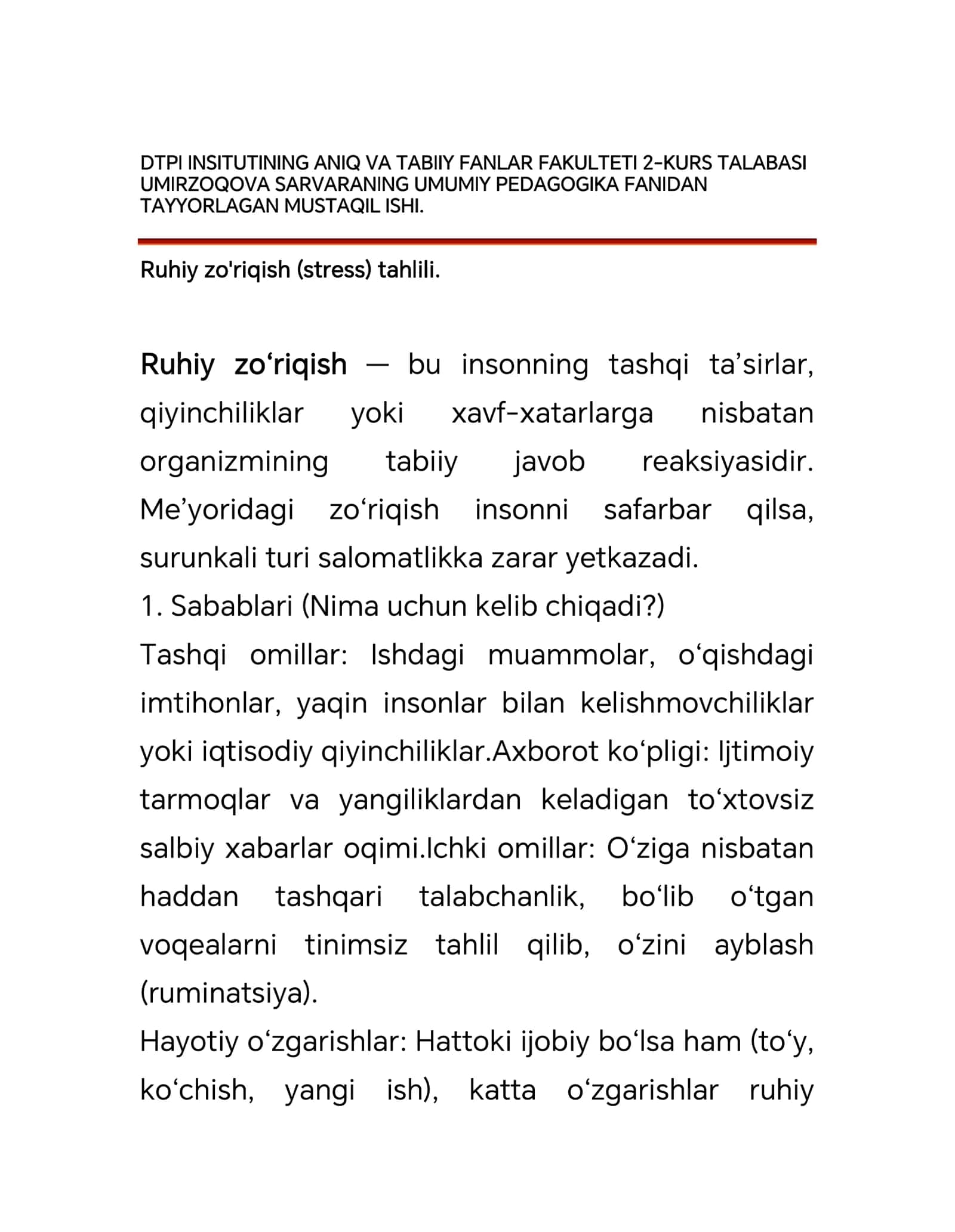 MUSTAQIL ISHI Ruhiy zo' riqish(stress)tahlili