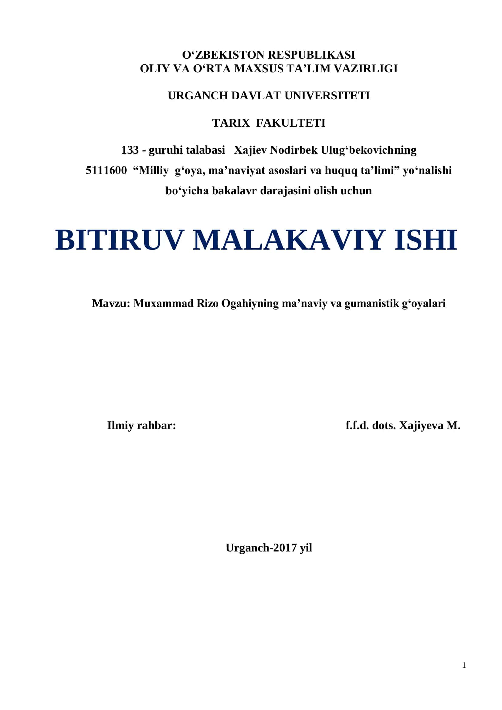 Muxammad Rizo Ogahiyning ma‟naviy va gumanistik g„oyalari