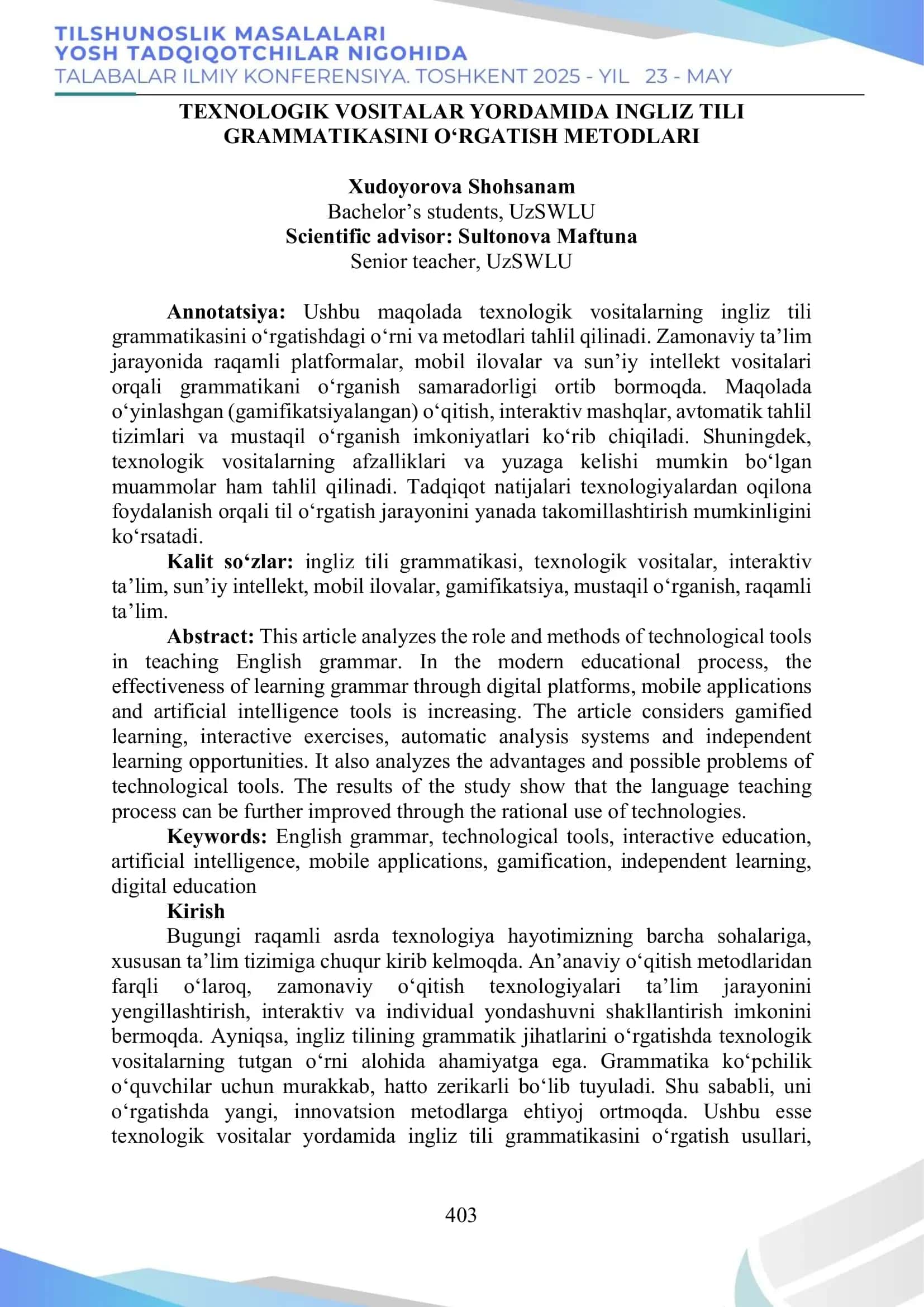 TEXNOLOGIK VOSITALAR YORDAMIDA INGLIZ TILI GRAMMATIKASINI O‘RGATISH METODLARI