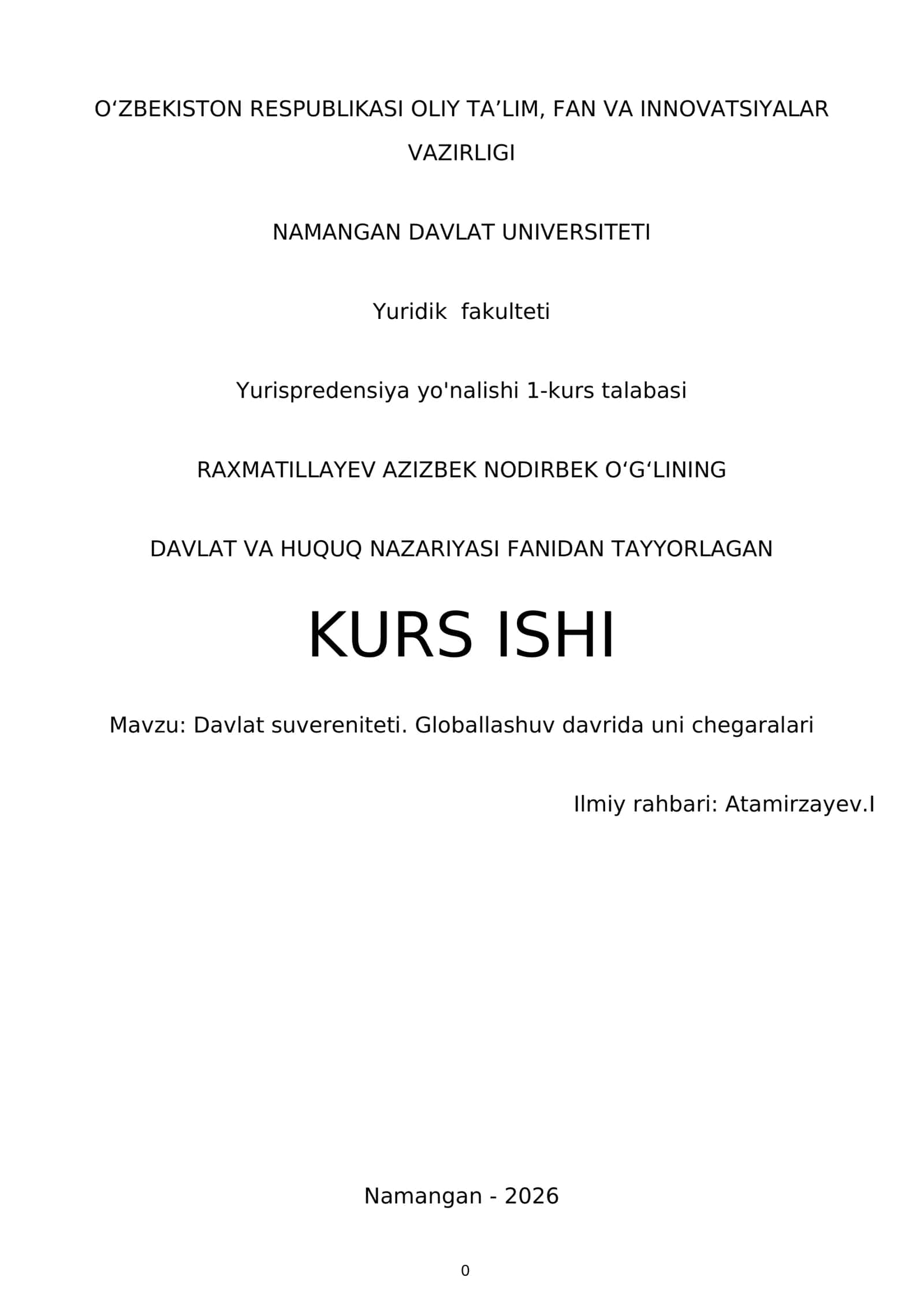 DAVLAT VA HUQUQ NAZARIYASI FANIDAN TAYYORLAGAN KURS ISHI
