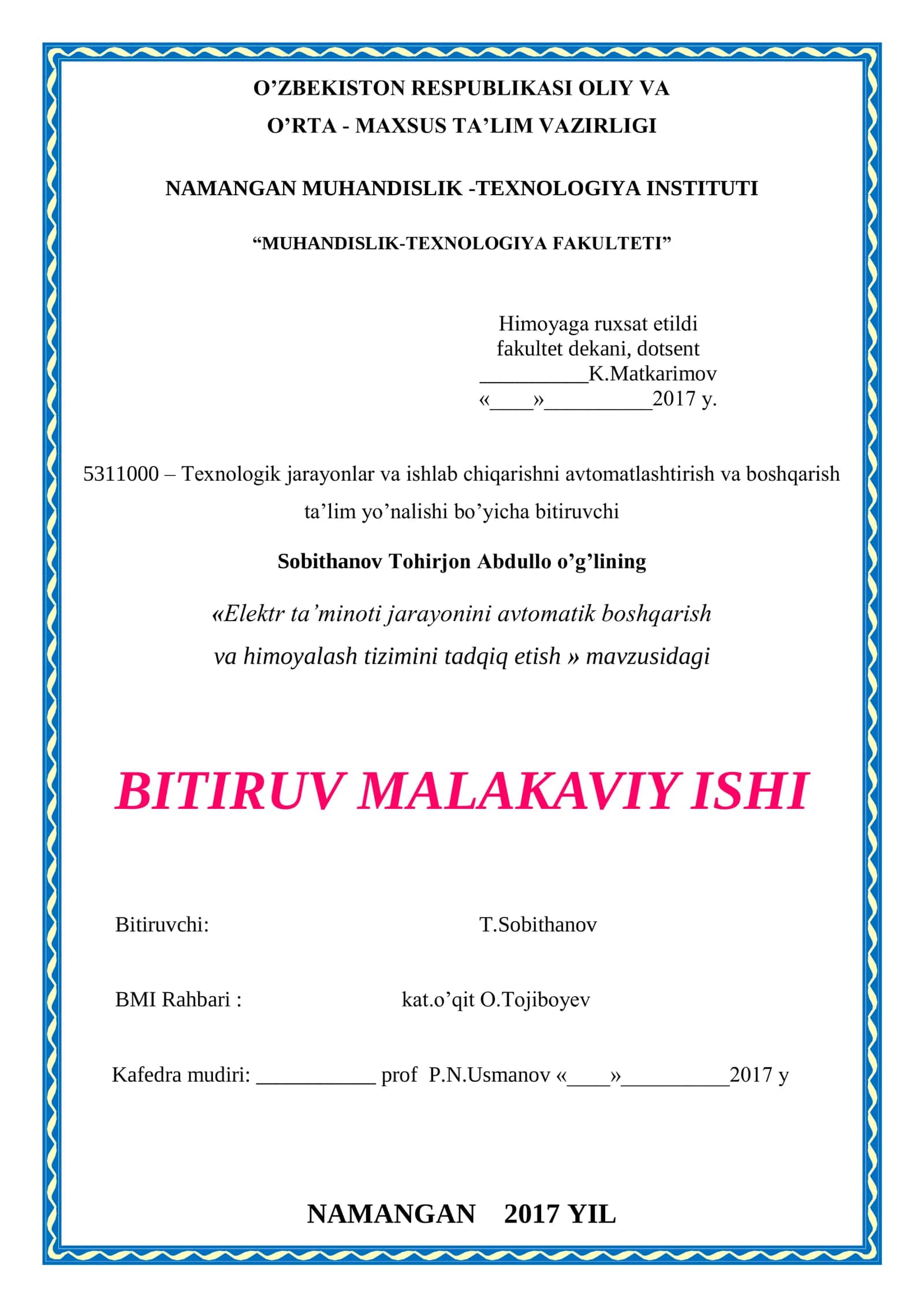 Elektr ta’minoti jarayonini avtomatik boshqarish va himoyalash tizimini tadqiq etish