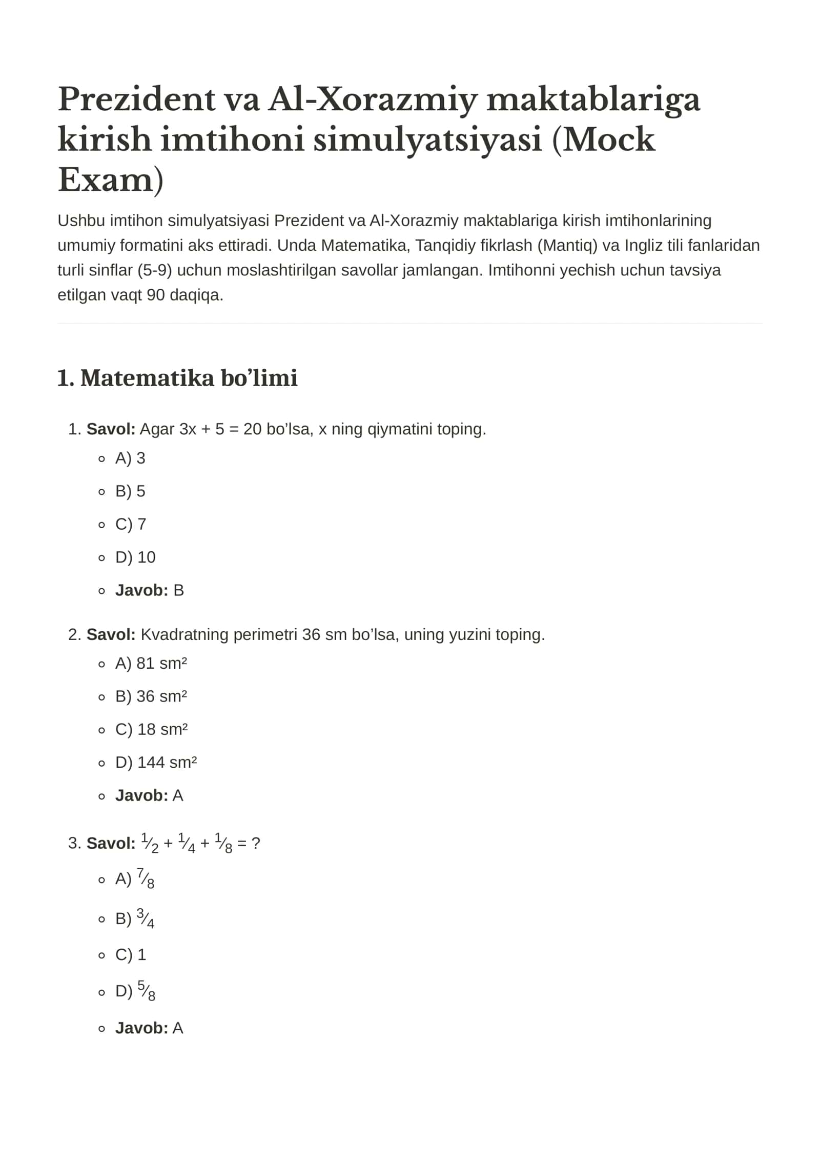Prezident va Al-Xorazmiy maktablariga kirish imtihoni simulyatsiyasi (Mock Exam)