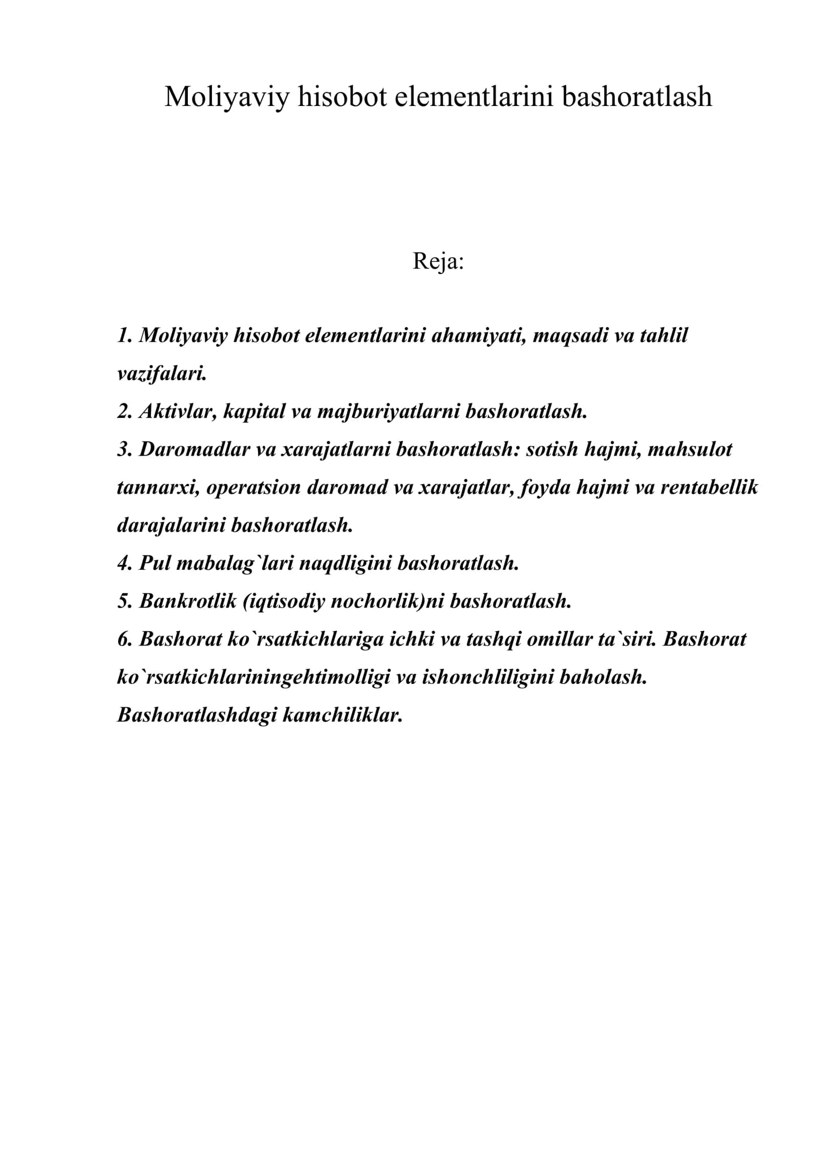 Moliyaviy hisobot elementlarini bashoratlash