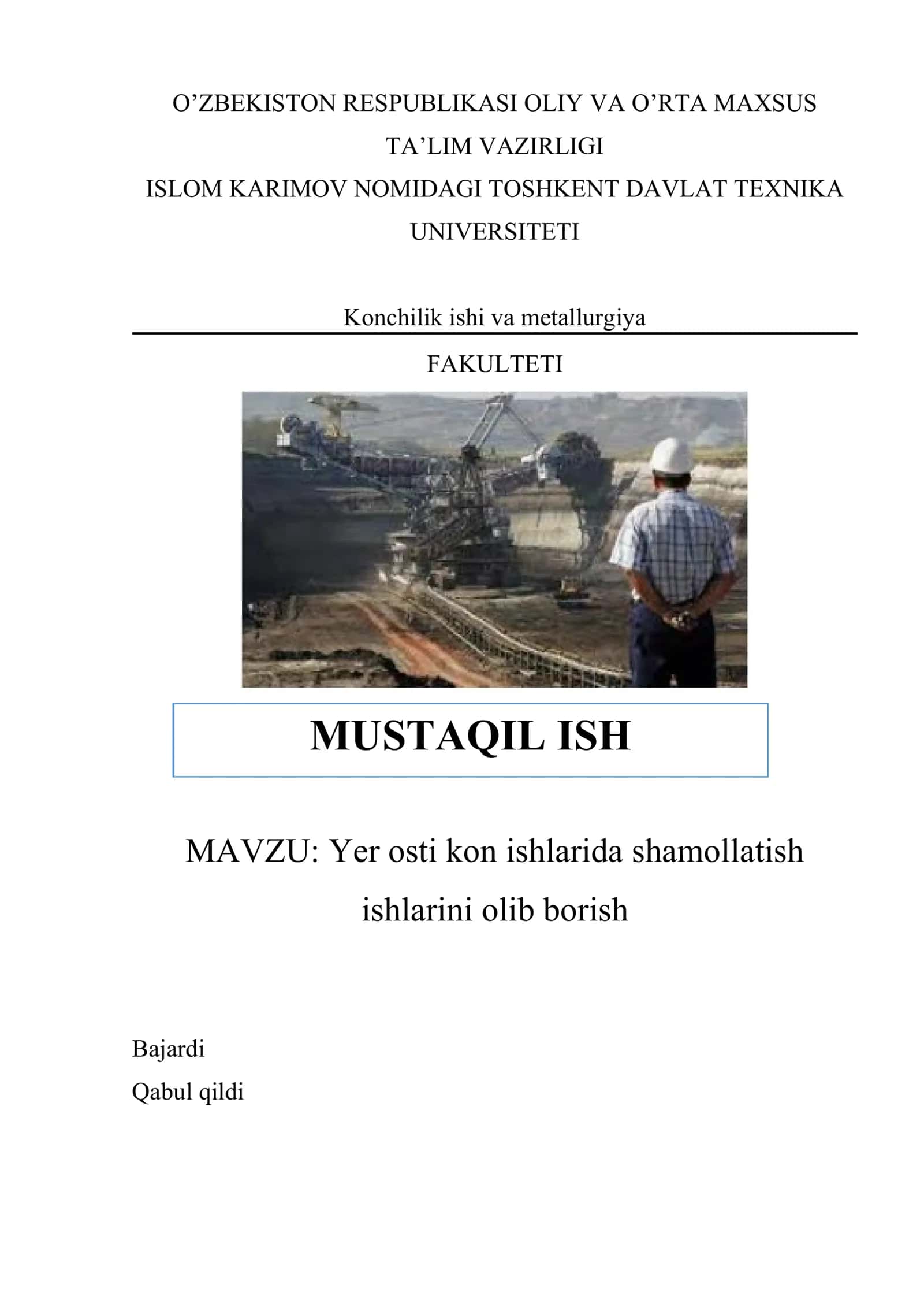 Yer osti kon ishlarida shamollatish ishlarini olib borish
