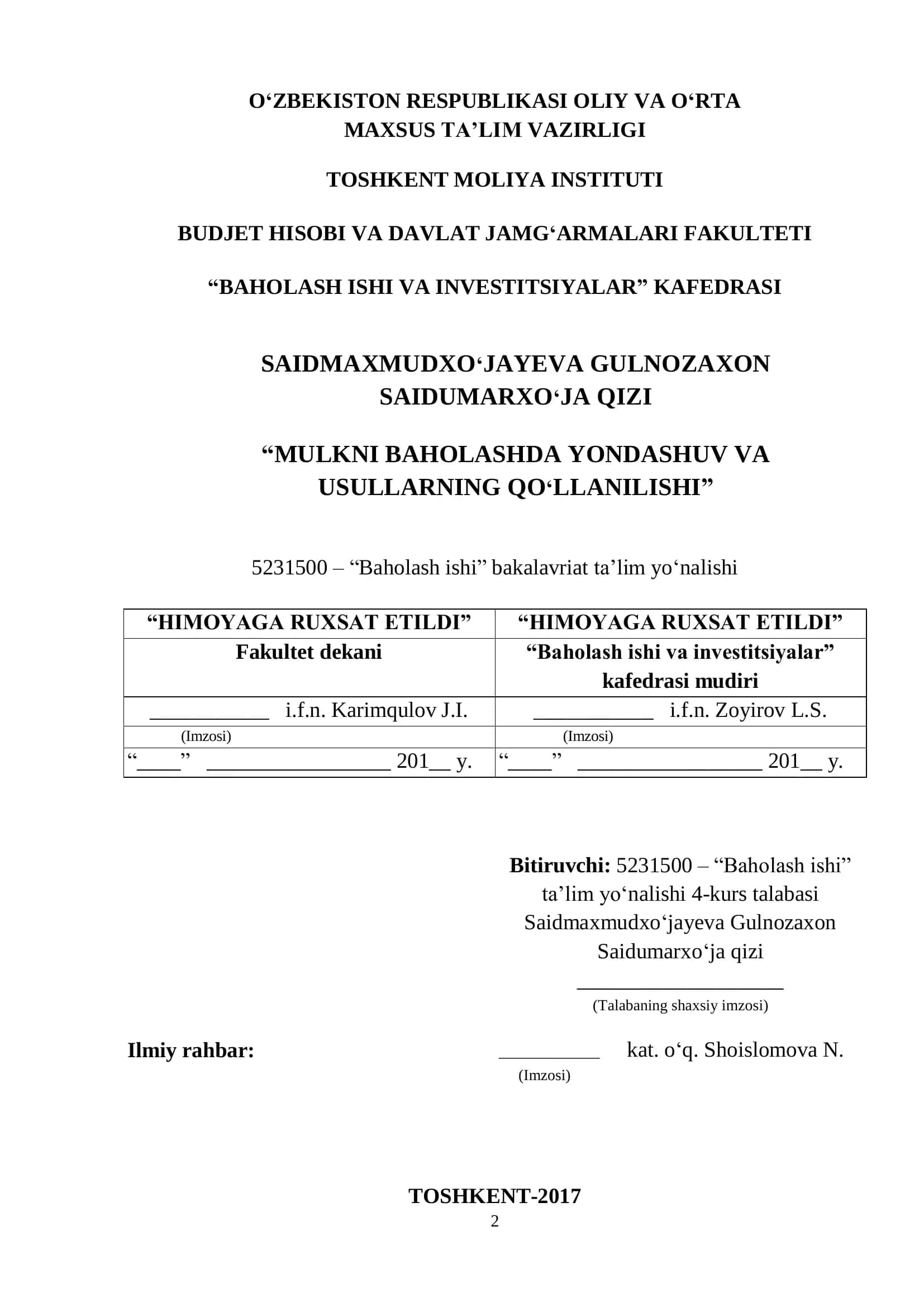 MULKNI BAHOLASHDA YONDASHUV VA USULLARNING QO„LLANILISHI