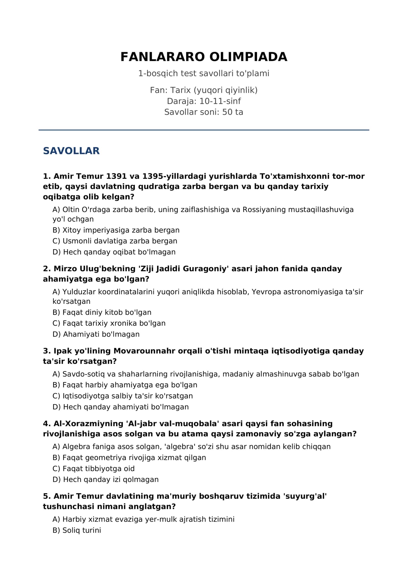 FANLARARO OLIMPIADA 1-bosqich test savollari to'plami