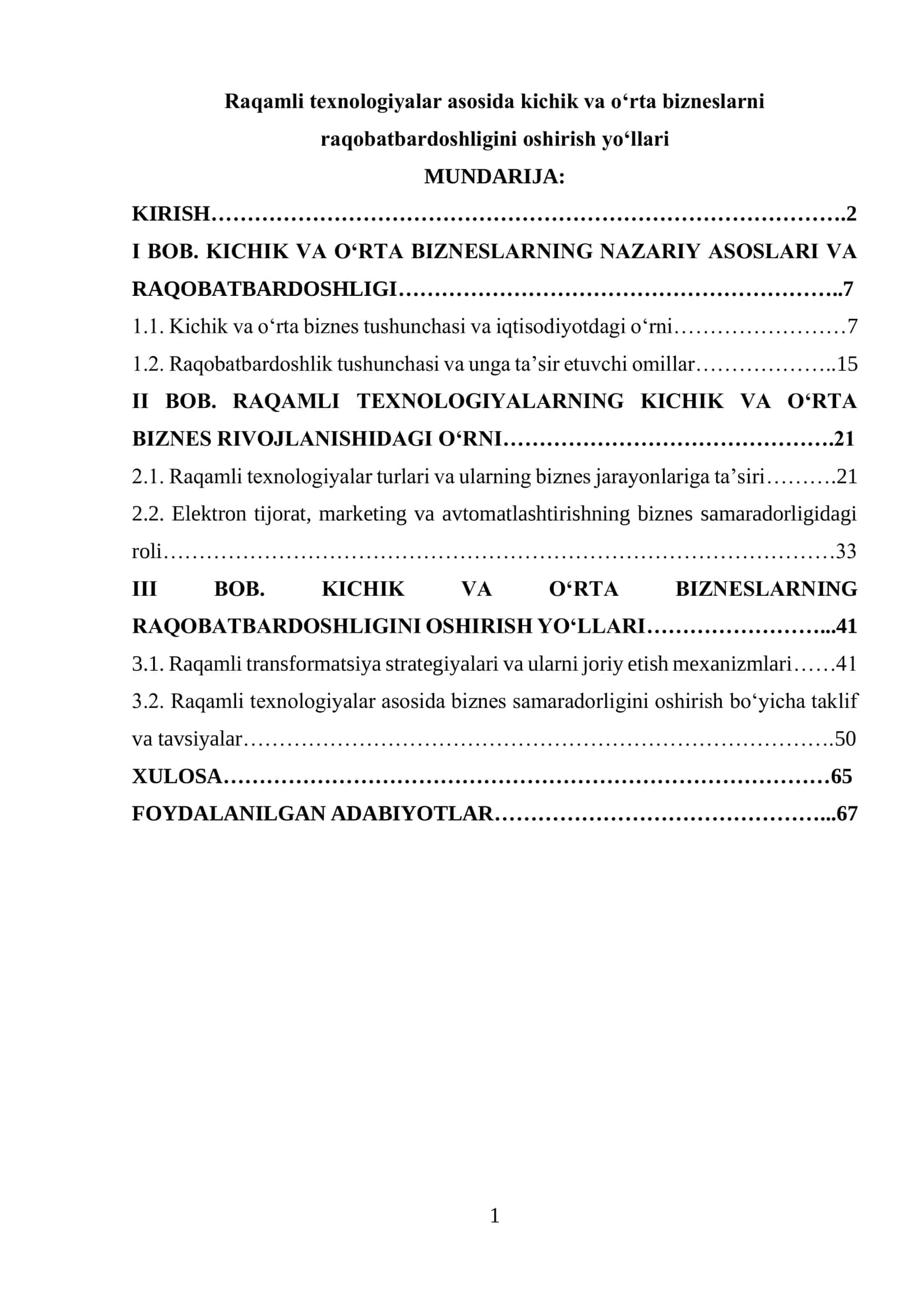 Raqamli texnologiyalar asosida kichik va o‘rta bizneslarni raqobatbardoshligini oshirish yo‘llari