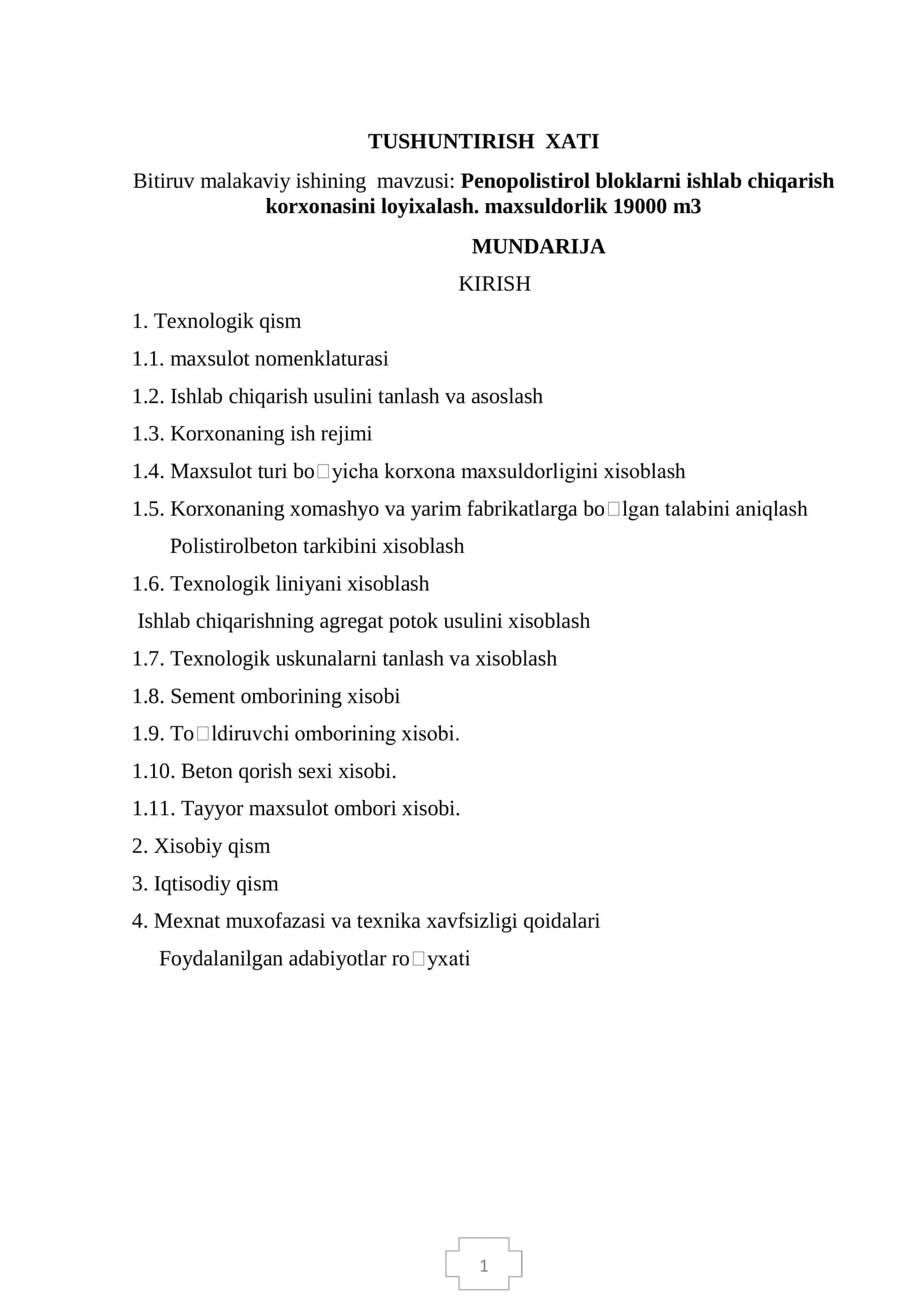 Penopolistirol bloklarni ishlab chiqarish korxonasini loyixalash