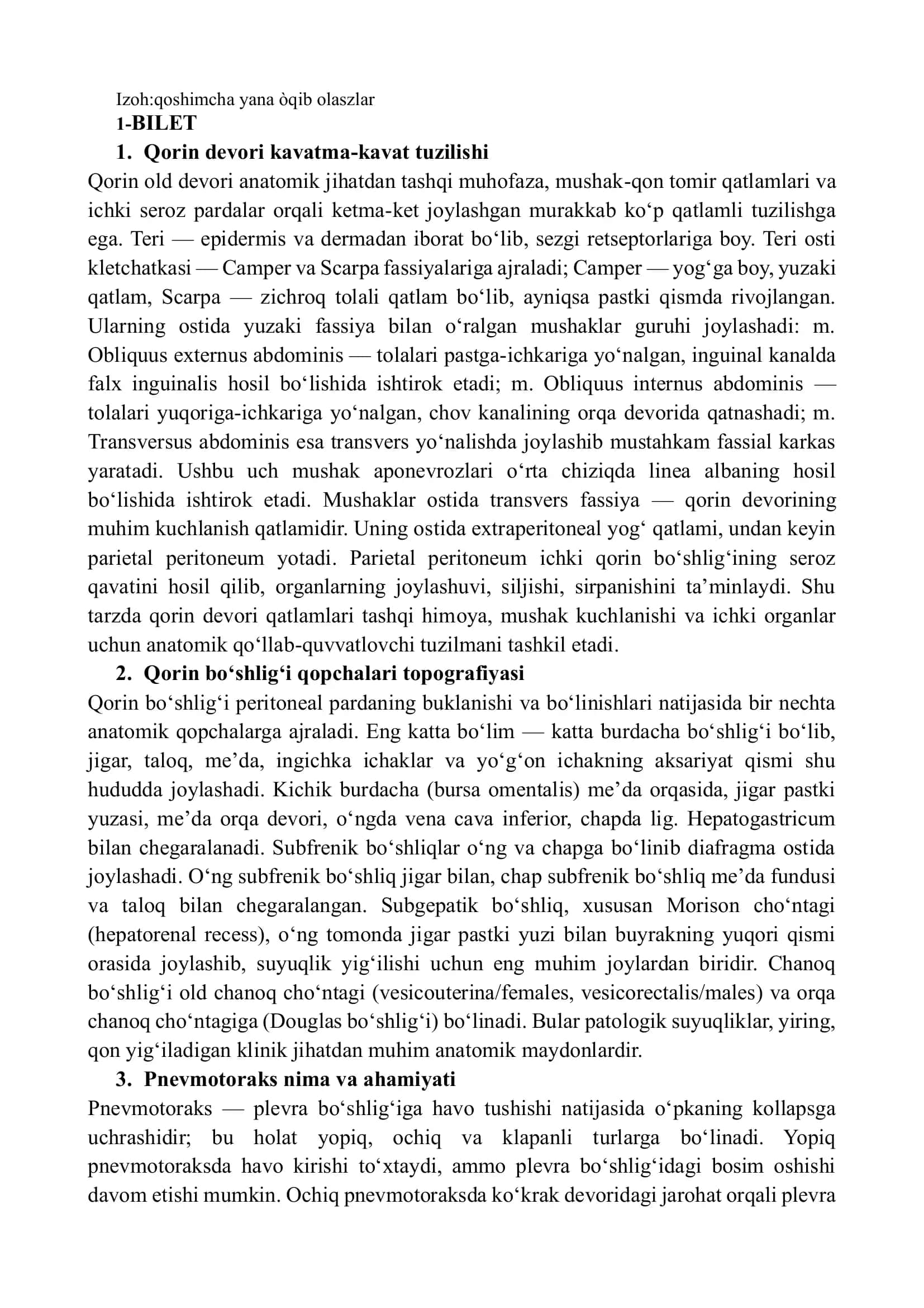 Klinik anatomiya 20 ta bilet javoblari. Klinik anatomiya  oraliq savollarga javoblar