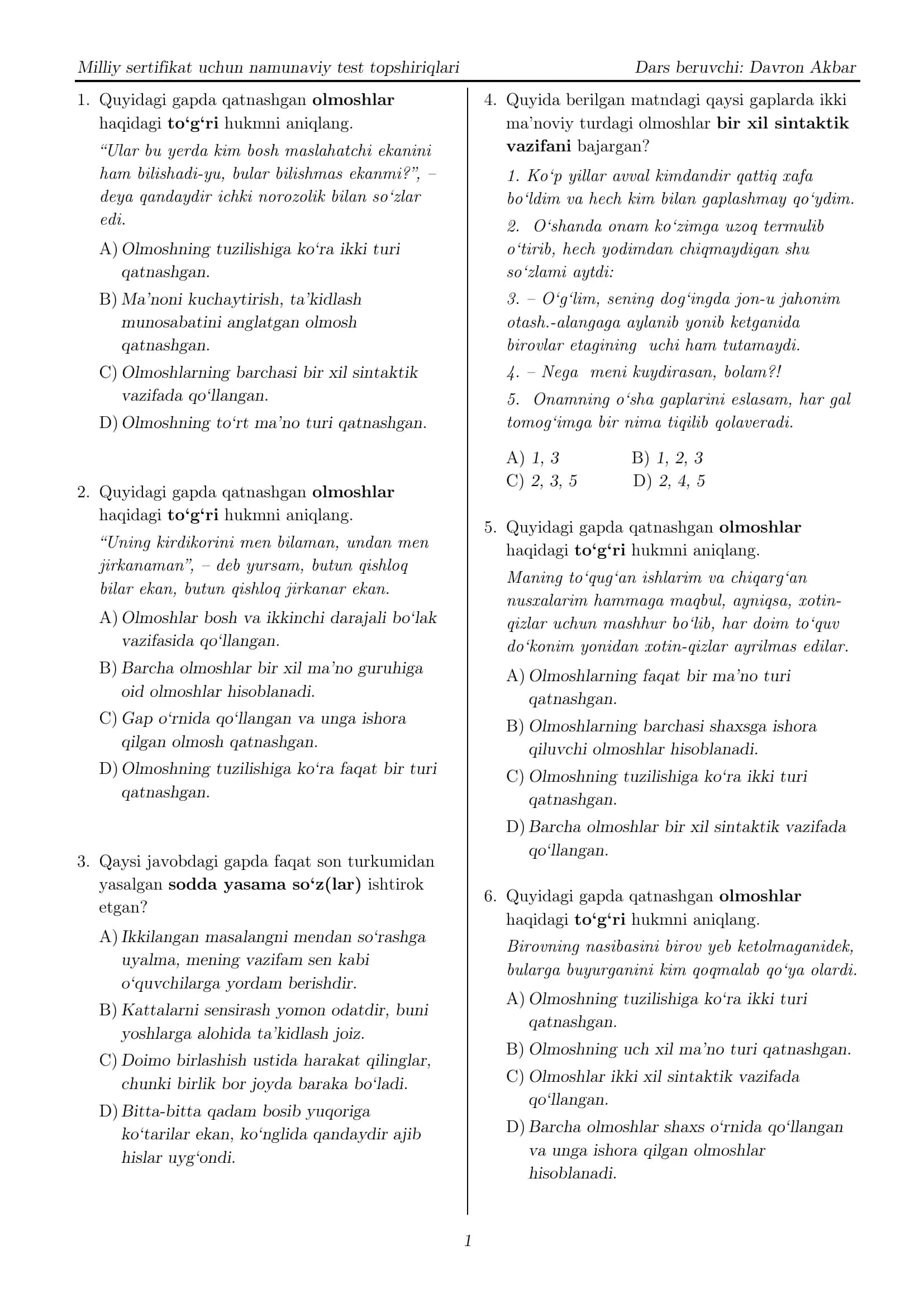 Milliy sertifikat uchun namunaviy test topshiriqlari - Milliy sertifikat (olmosh va son so'z turkumi)
