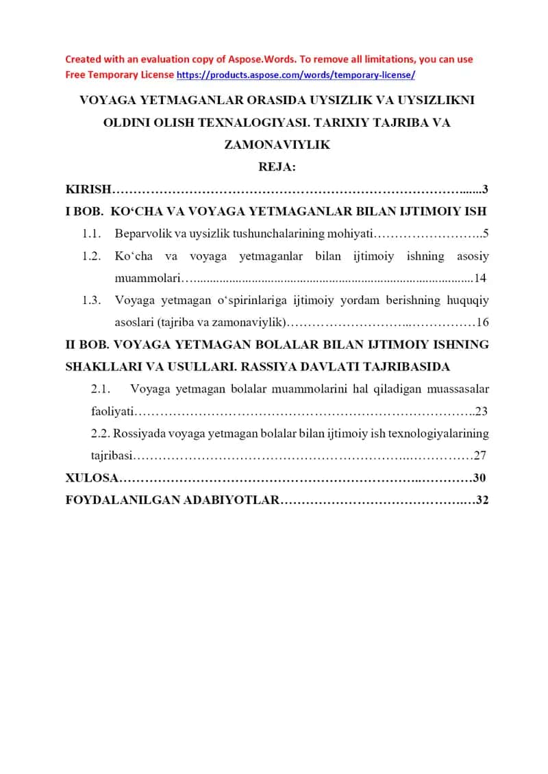 Voyaga yetmaganlar orasida uysizlik va beparvolikni oldini olish texnologiyasi: Tarixiy tajriba va zamonaviylik