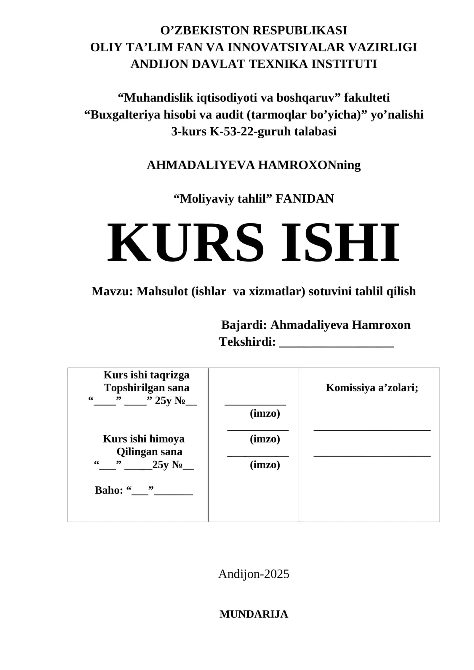 Mahsulot (ishlar va xizmatlar) sotuvini tahlil qilish