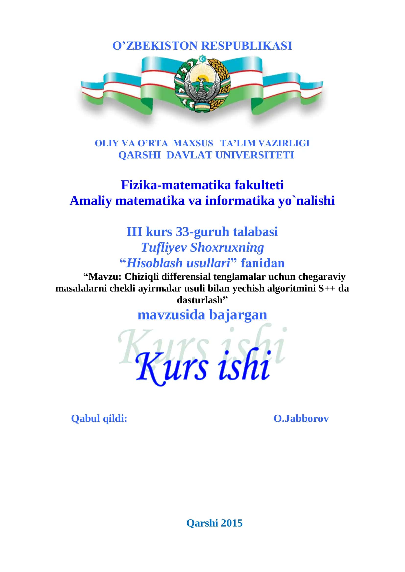 Chiziqli differensial tenglamalar uchun chegaraviy masalalarni chekli ayirmalar usuli bilan yechish algoritmi