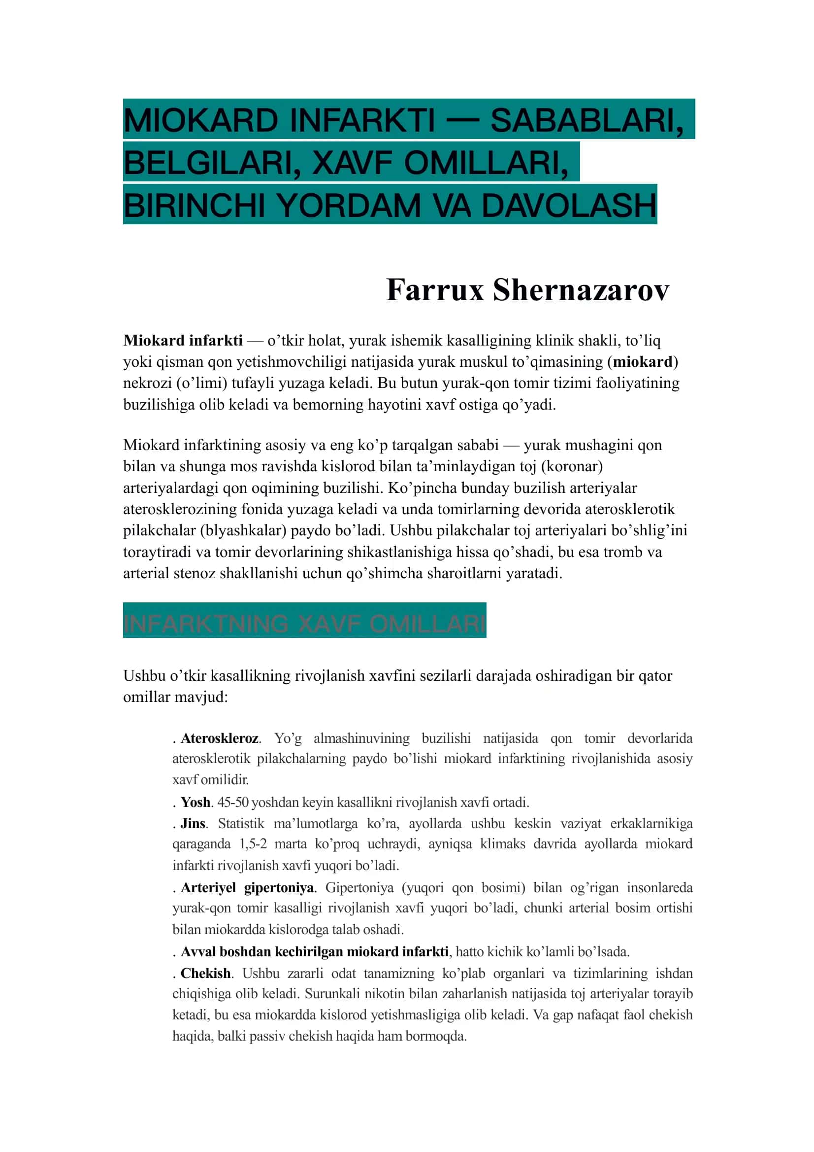 Miokard infarkti – sabablari, belgilari, xavf omillari, birinchi yordam va davolash