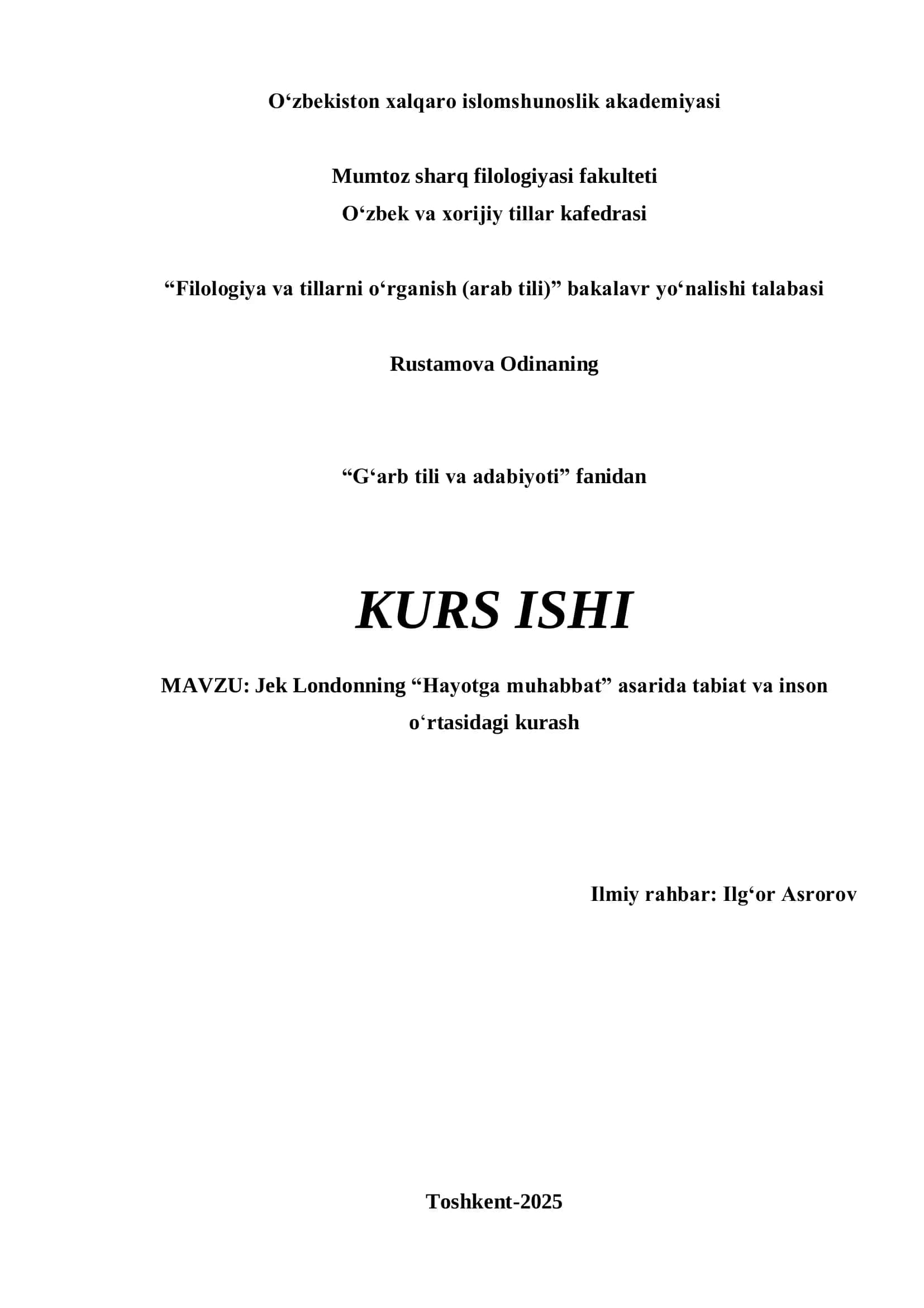 Filologiya va tillarni o‘rganish (arab tili) kurs ishi