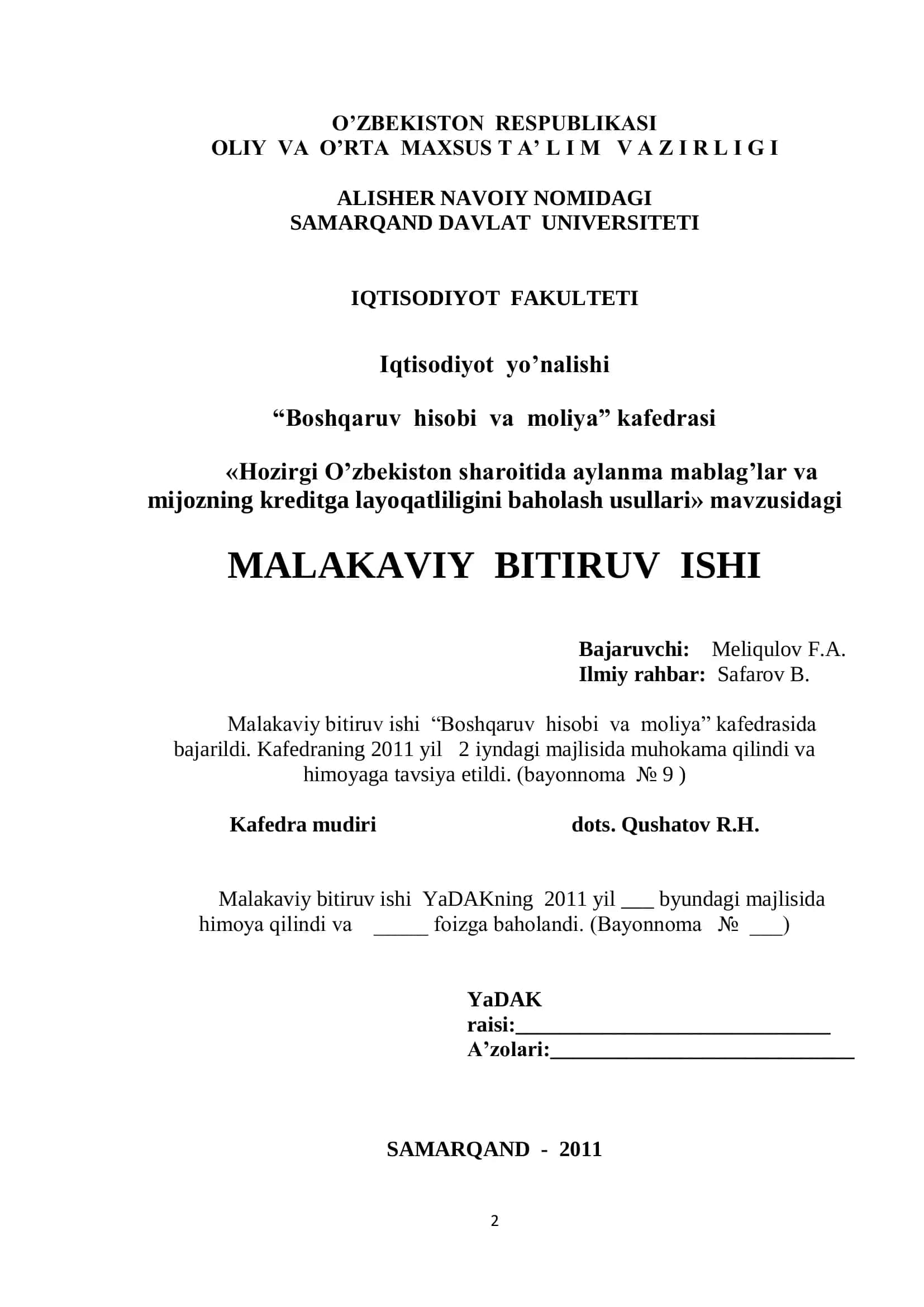 Aylanma mablag’lar va mijozning kreditga layoqatliligini baholash usullari
