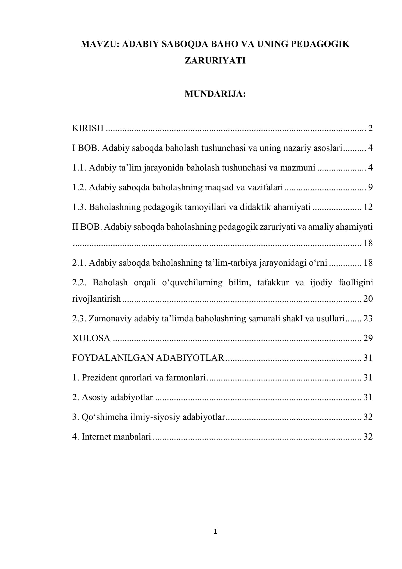 ADABIY SABOQDA BAHO VA UNING PEDAGOGIK ZARURIYATI
