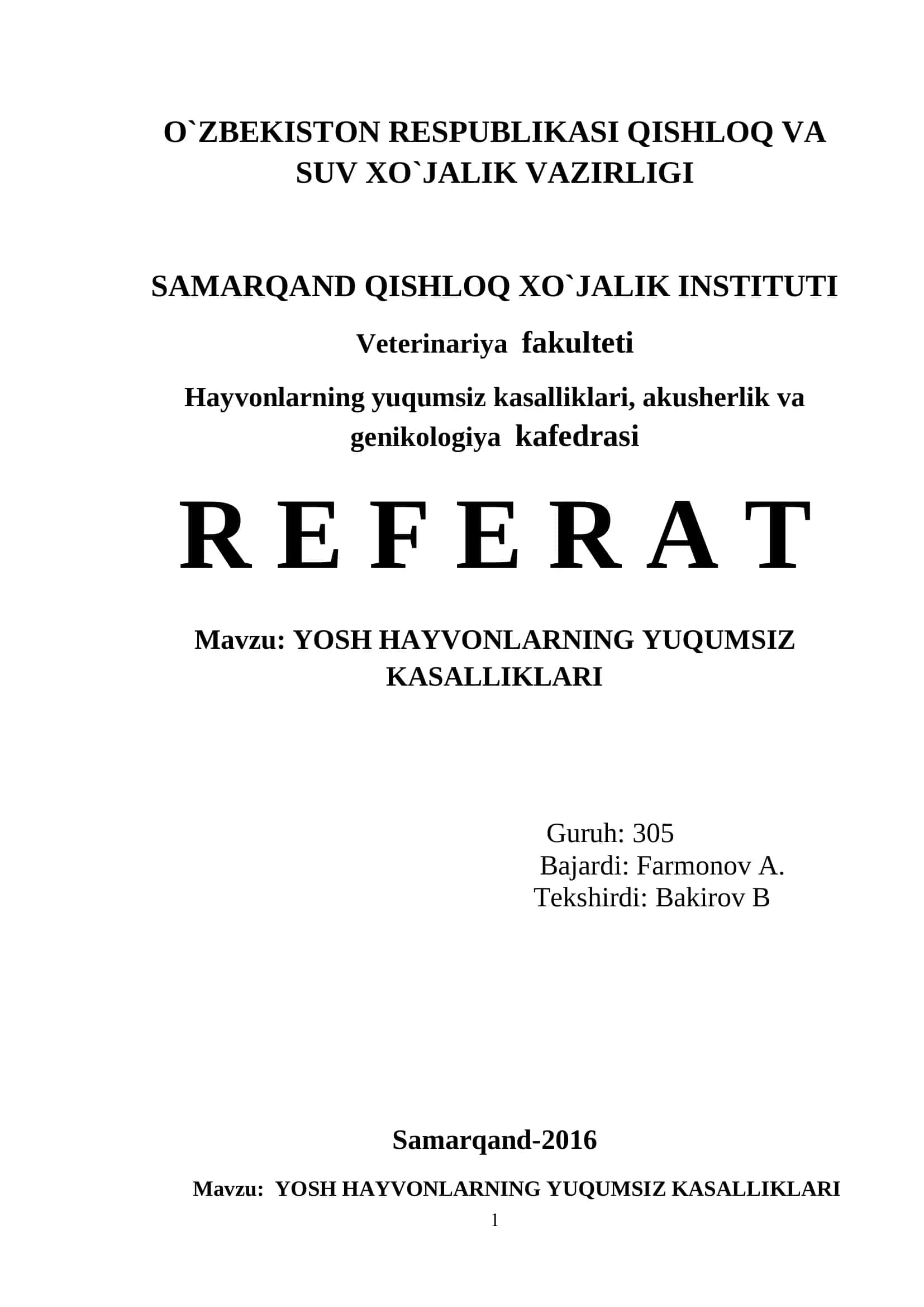 YOSH HAYVONLARNING YUQUMSIZ KASALLIKLARI