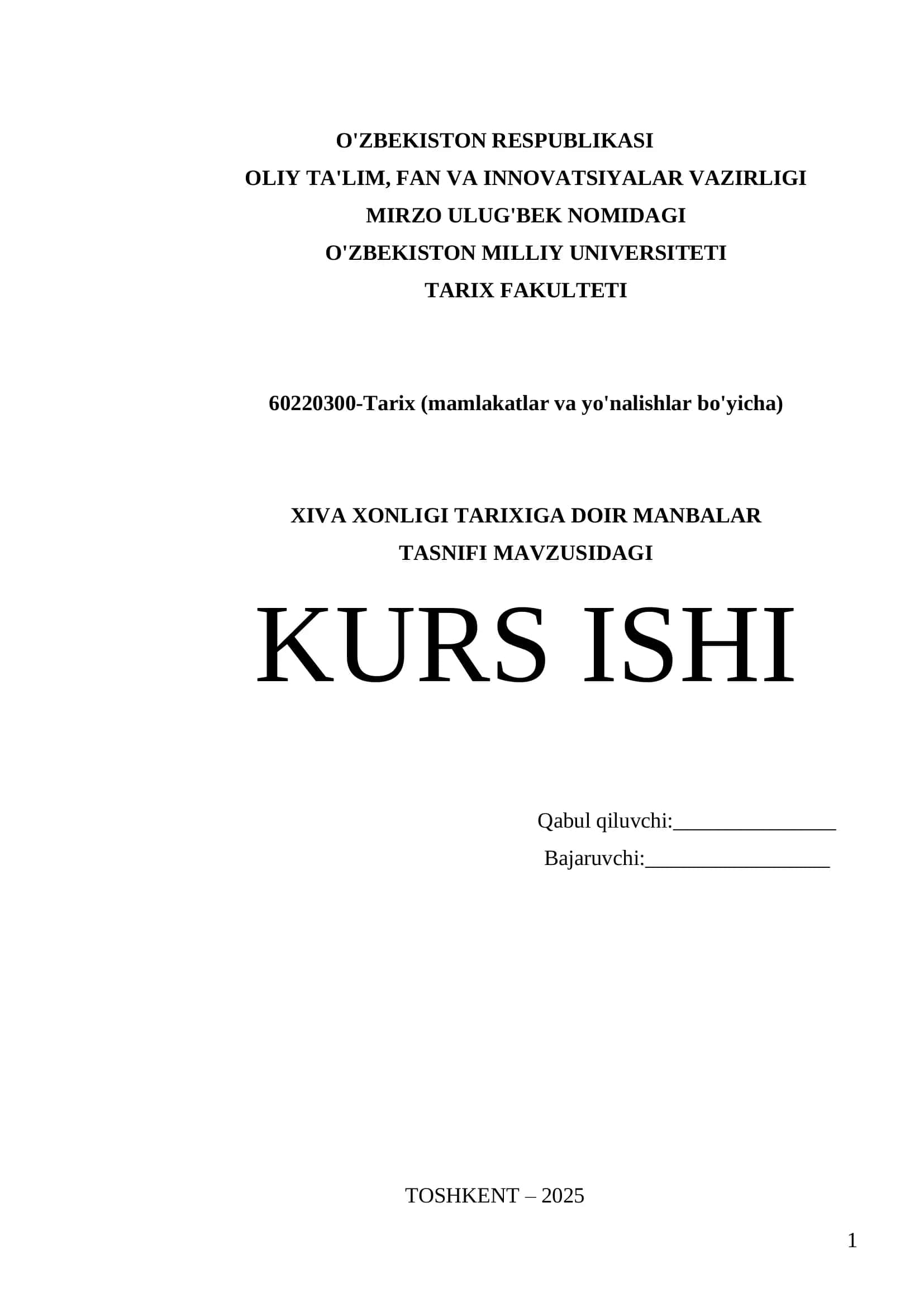 Xiva Xonligi Tarixiga Doir Manbalar Kurs Ishi