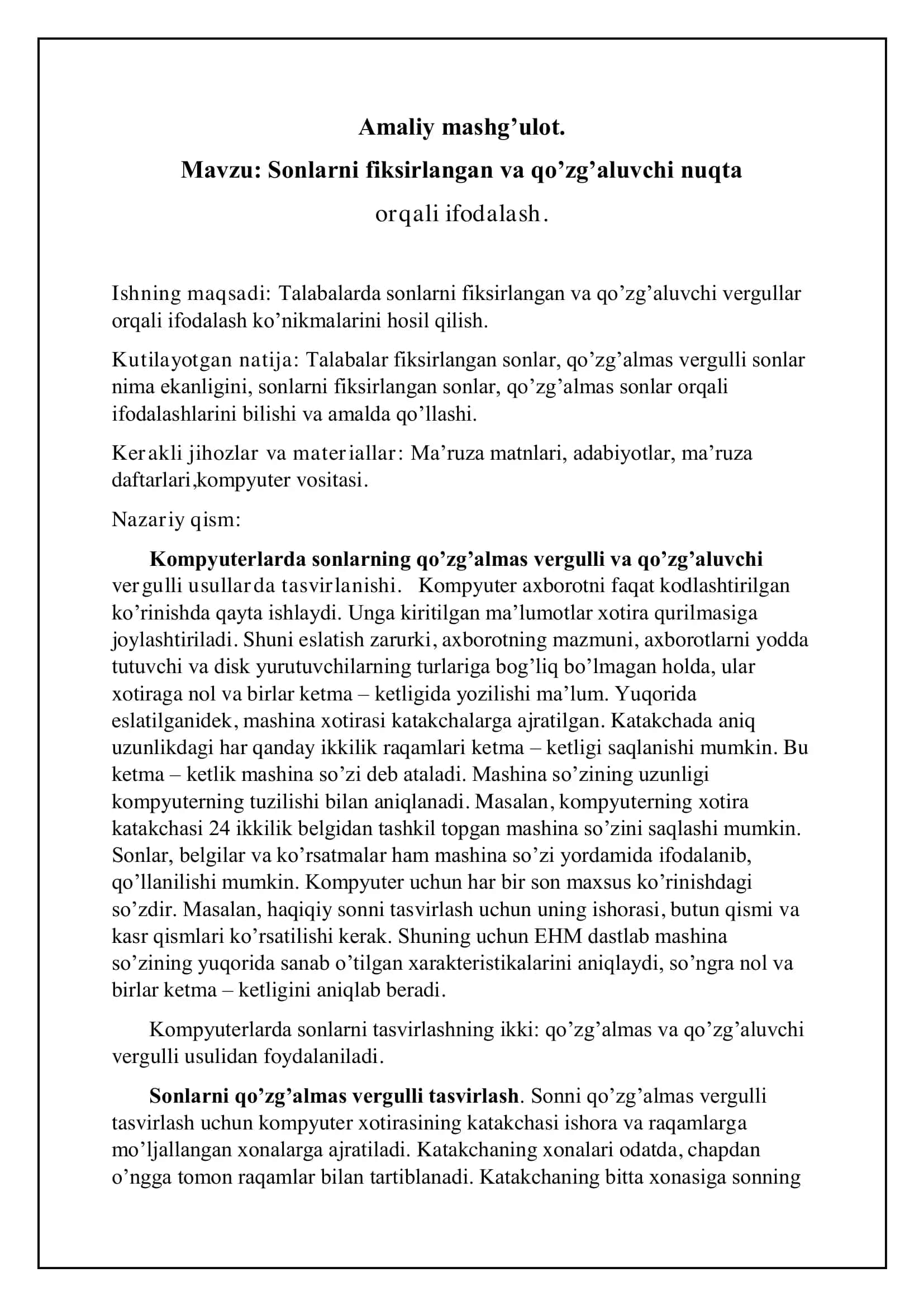Sonlarni fiksirlangan va qo'zg'aluvchi nuqta orqali ifodalash