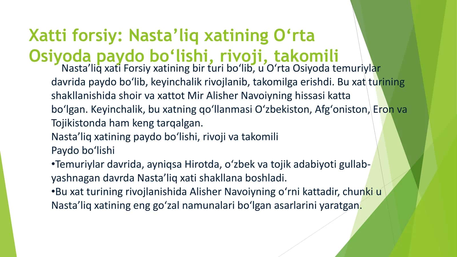 Xatti forsiy Nasta liq xatining O rta Osiyoda paydo bo lishi, rivoji, takomili