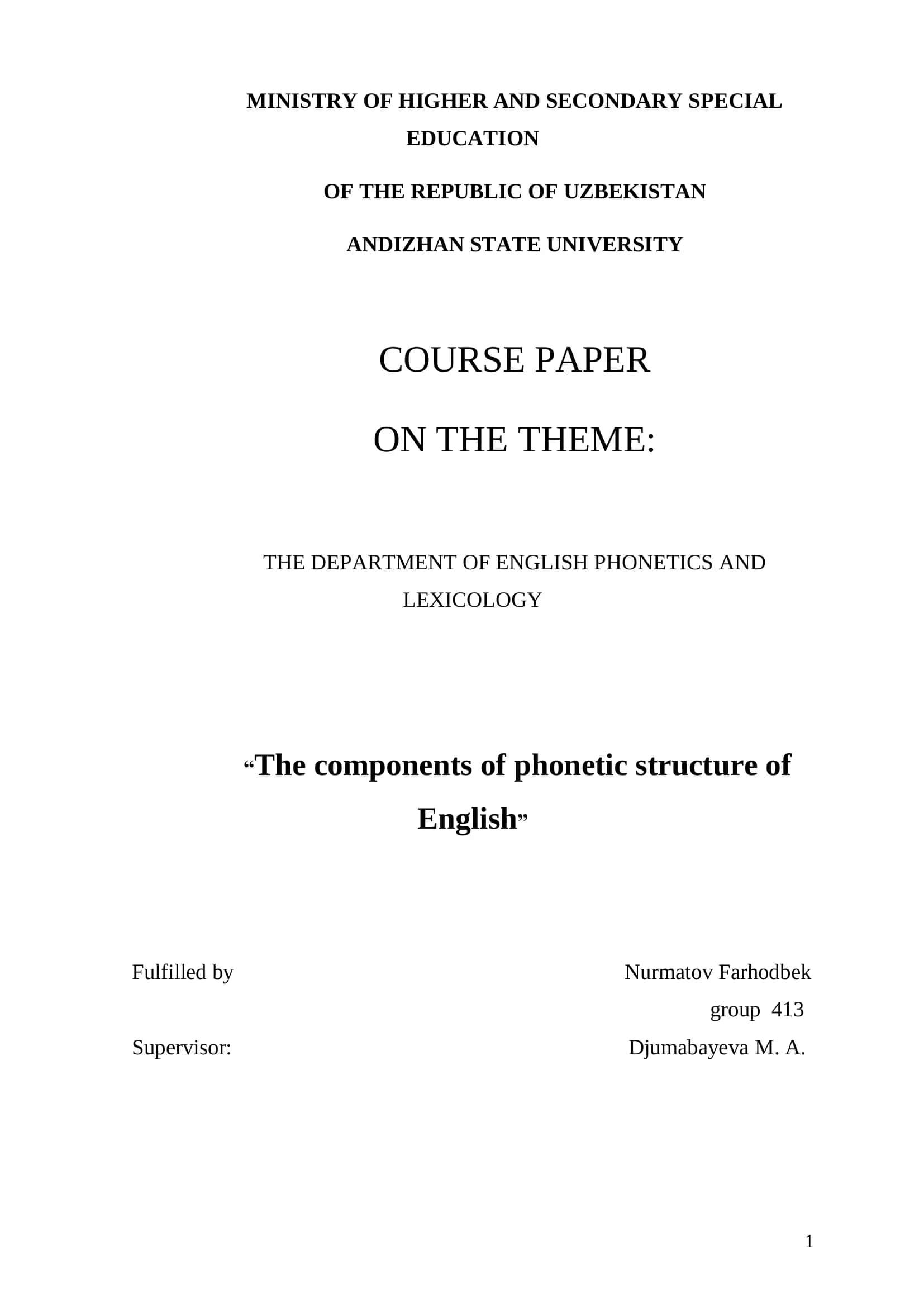Course Paper on "The Components of Phonetic Structure of English"