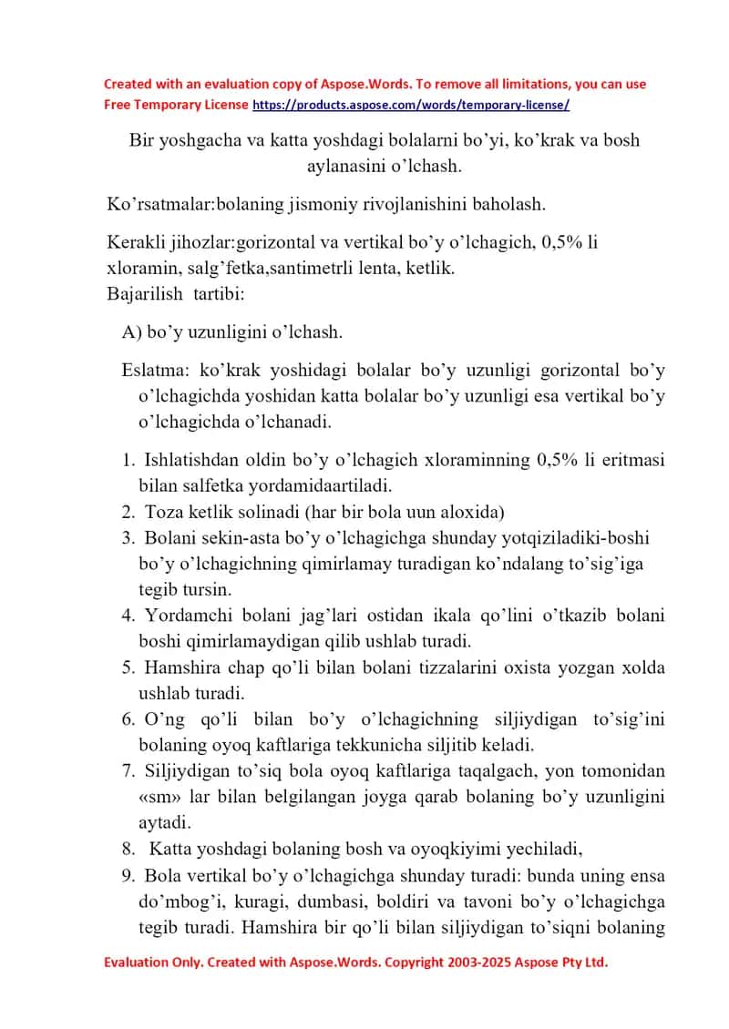 Bolalarning antropometrik o‘lchovlari va hayotiy ko‘rsatkichlarini o‘lchash bo‘yicha amaliy qo‘llanma