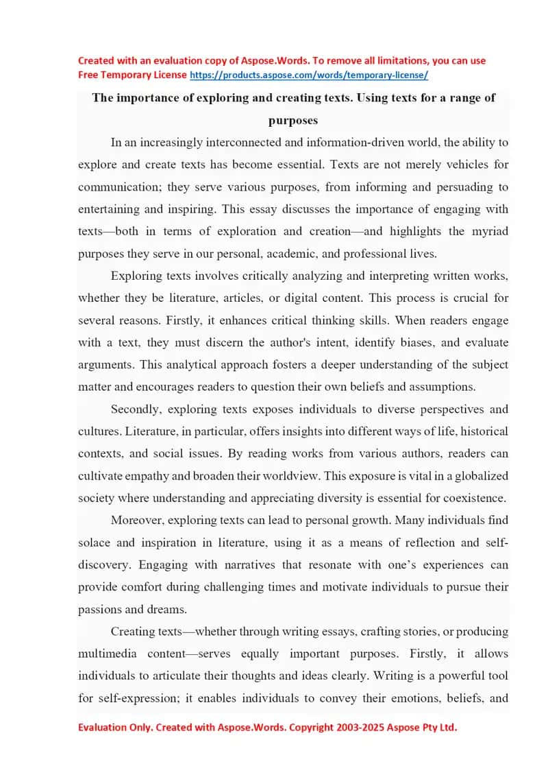 The importance of exploring and creating texts. Using texts for a range of purposes