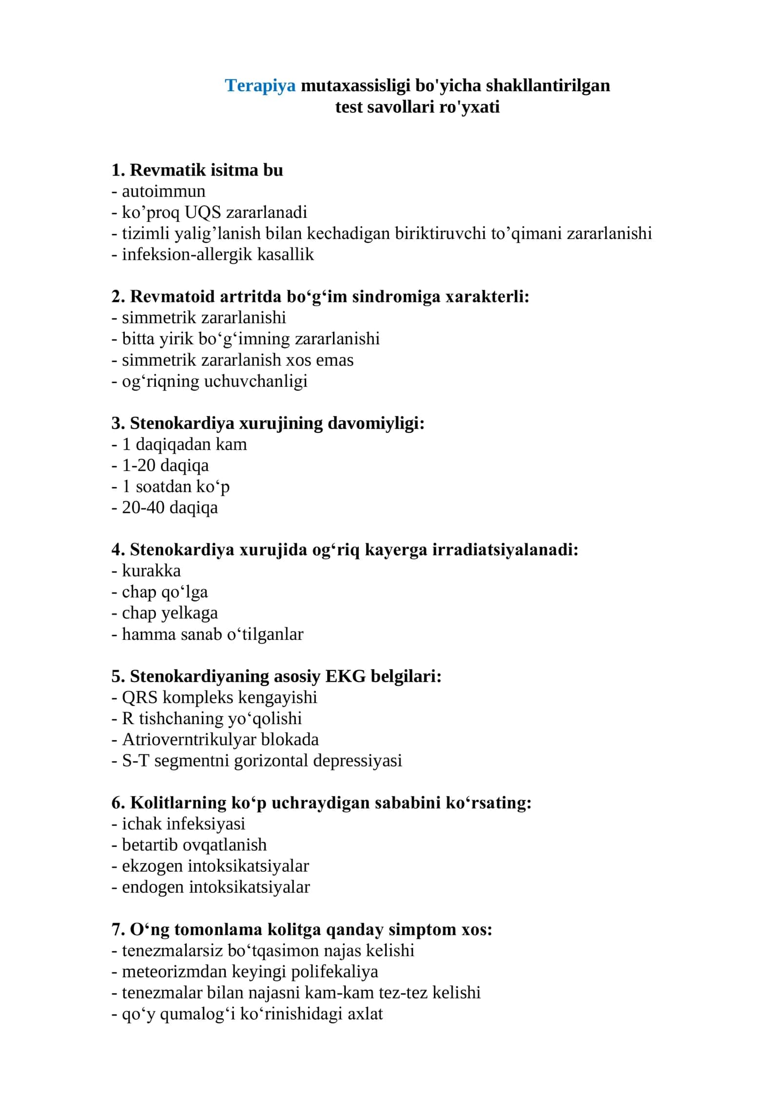 Terapiya Mutaxassisligi bo'yicha test savollari ro'yxati