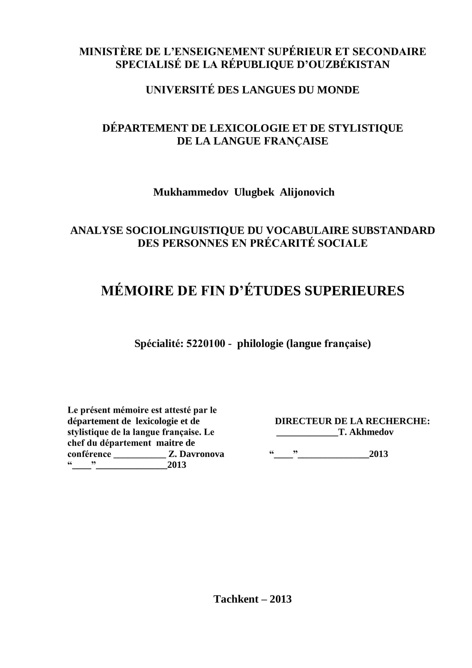 ANALYSE SOCIOLINGUISTIQUE DU VOCABULAIRE SUBSTANDARD DES PERSONNES EN PRÉCARITÉ SOCIALE
