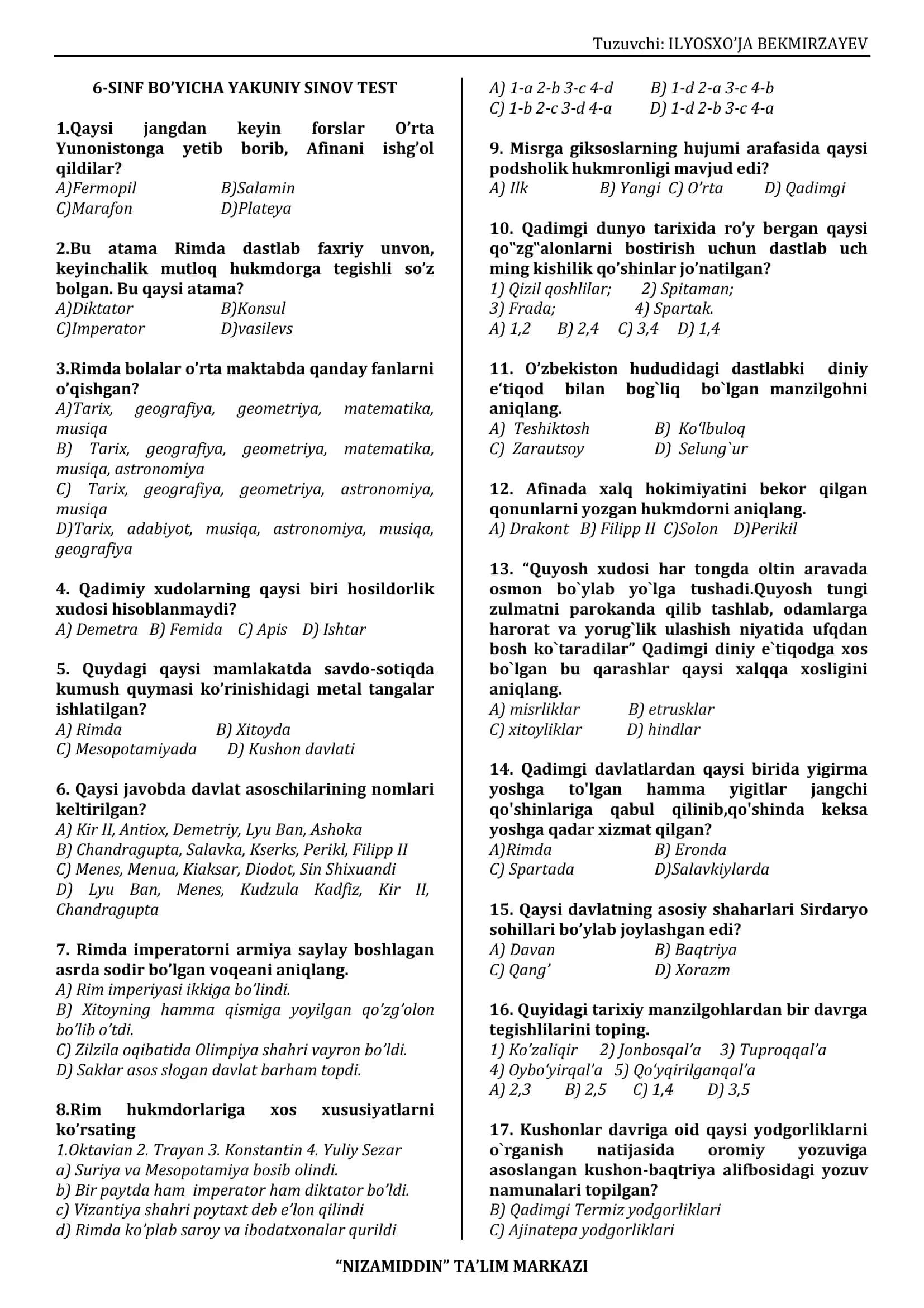 6-SINF BO’YICHA YAKUNIY SINOV TEST