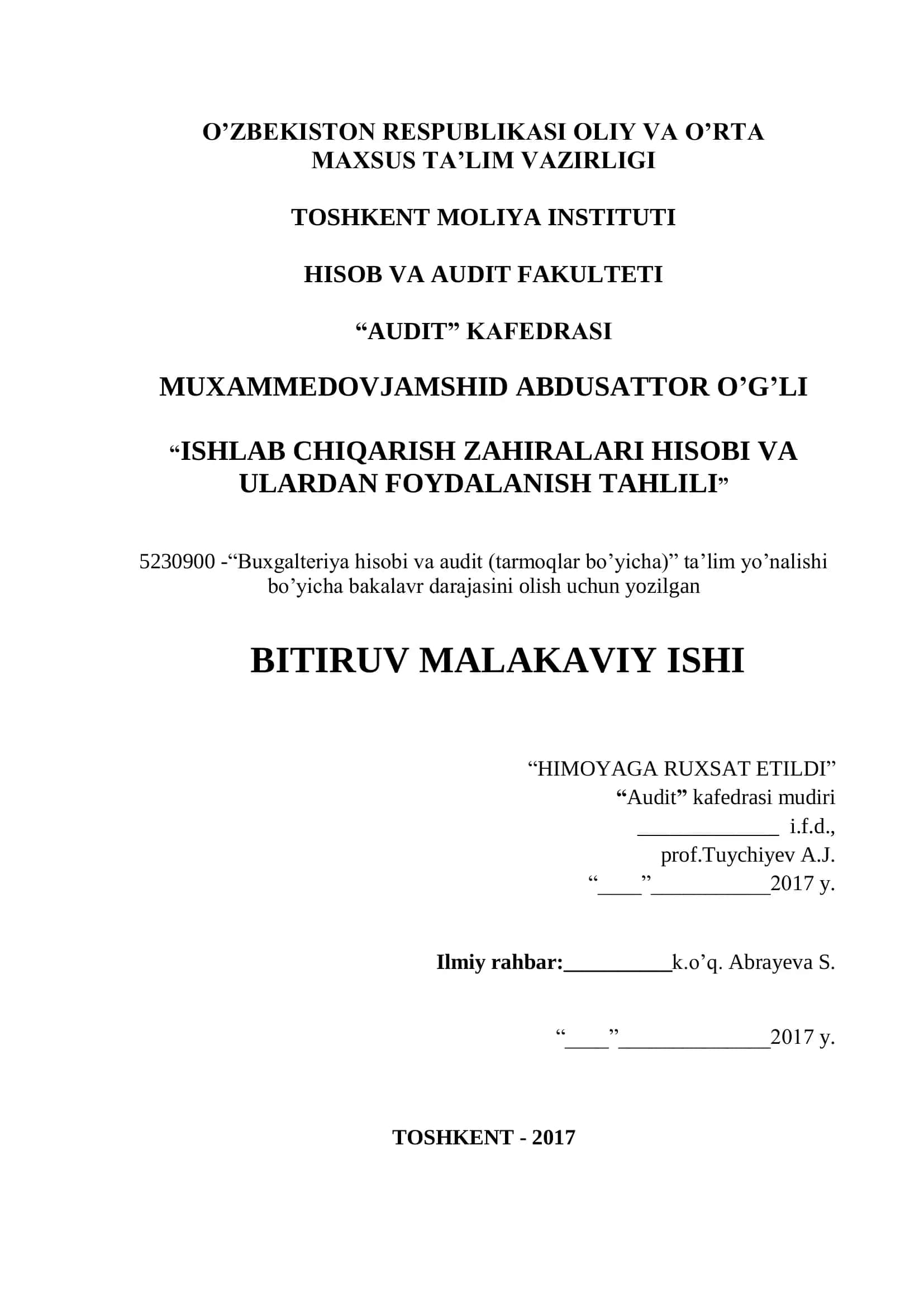Ishlab chiqarish zahiralari hisobi va ulardan foydalash tahlili