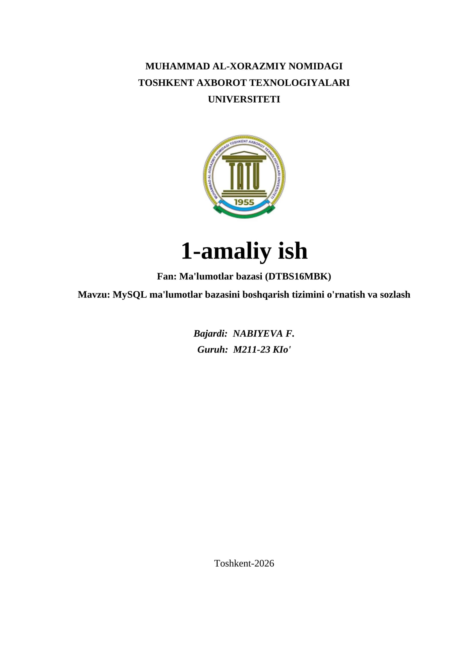 MySQL ma'lumotlar bazasini boshqarish tizimini o'rnatish va sozlash